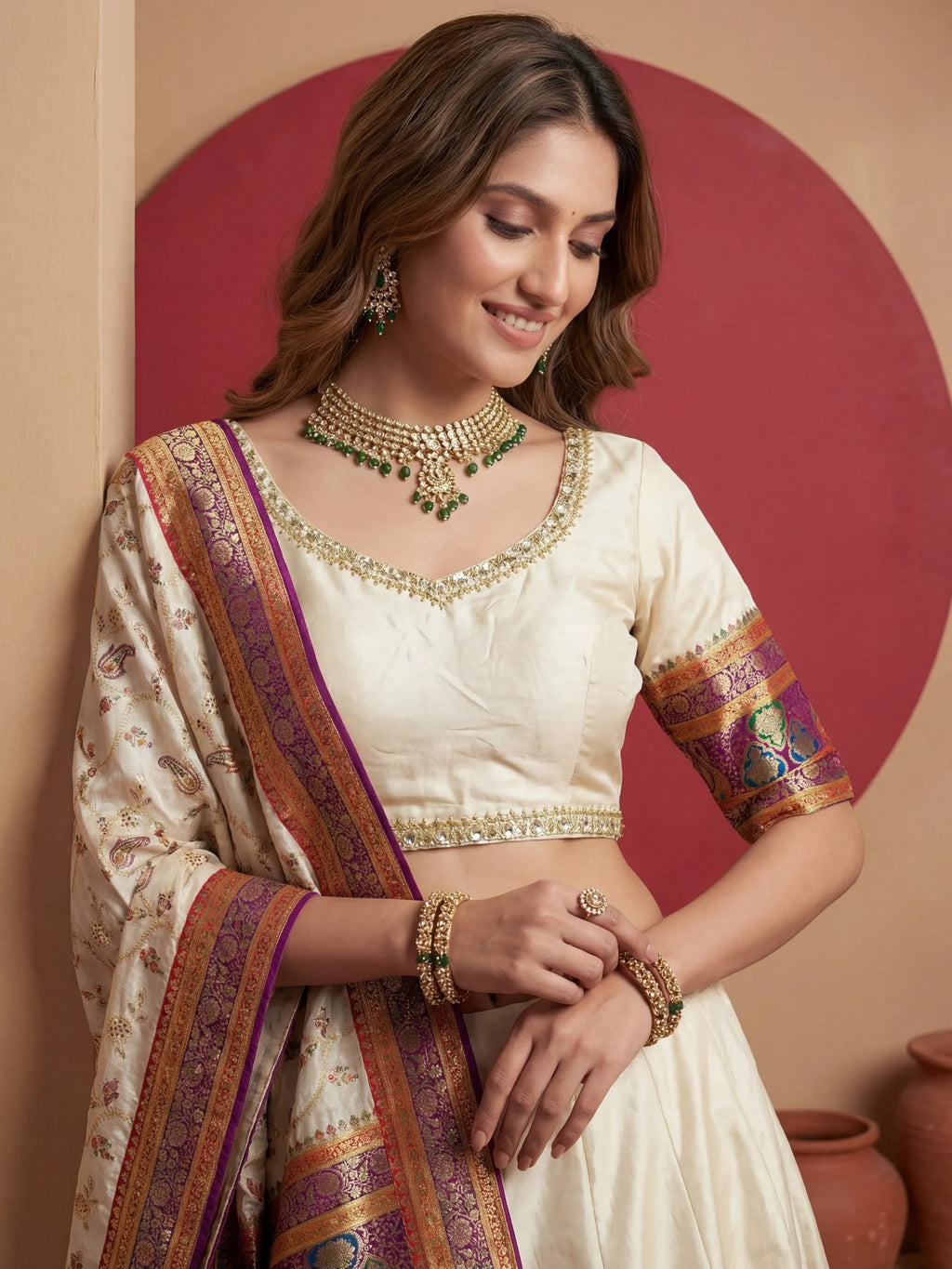 Aesthetics Off-White Zari Weaving Viscose Silk Traditional Lehenga Choli