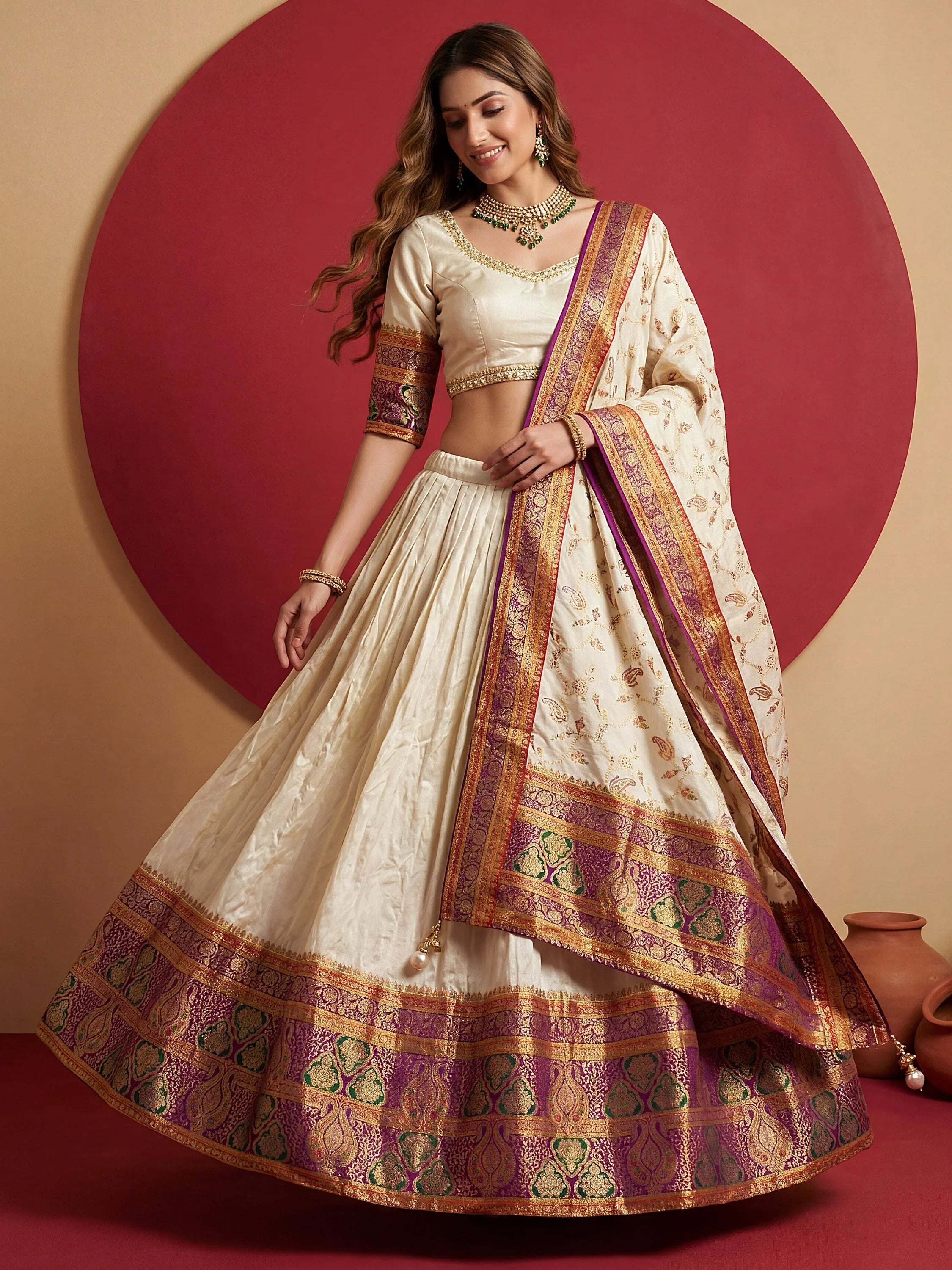 Aesthetics Off-White Zari Weaving Viscose Silk Traditional Lehenga Choli