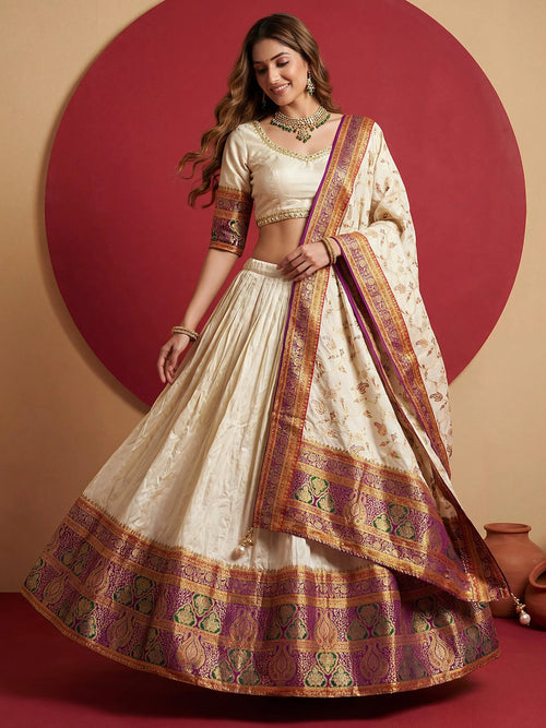 Aesthetics Off-White Zari Weaving Viscose Silk Traditional Lehenga Choli