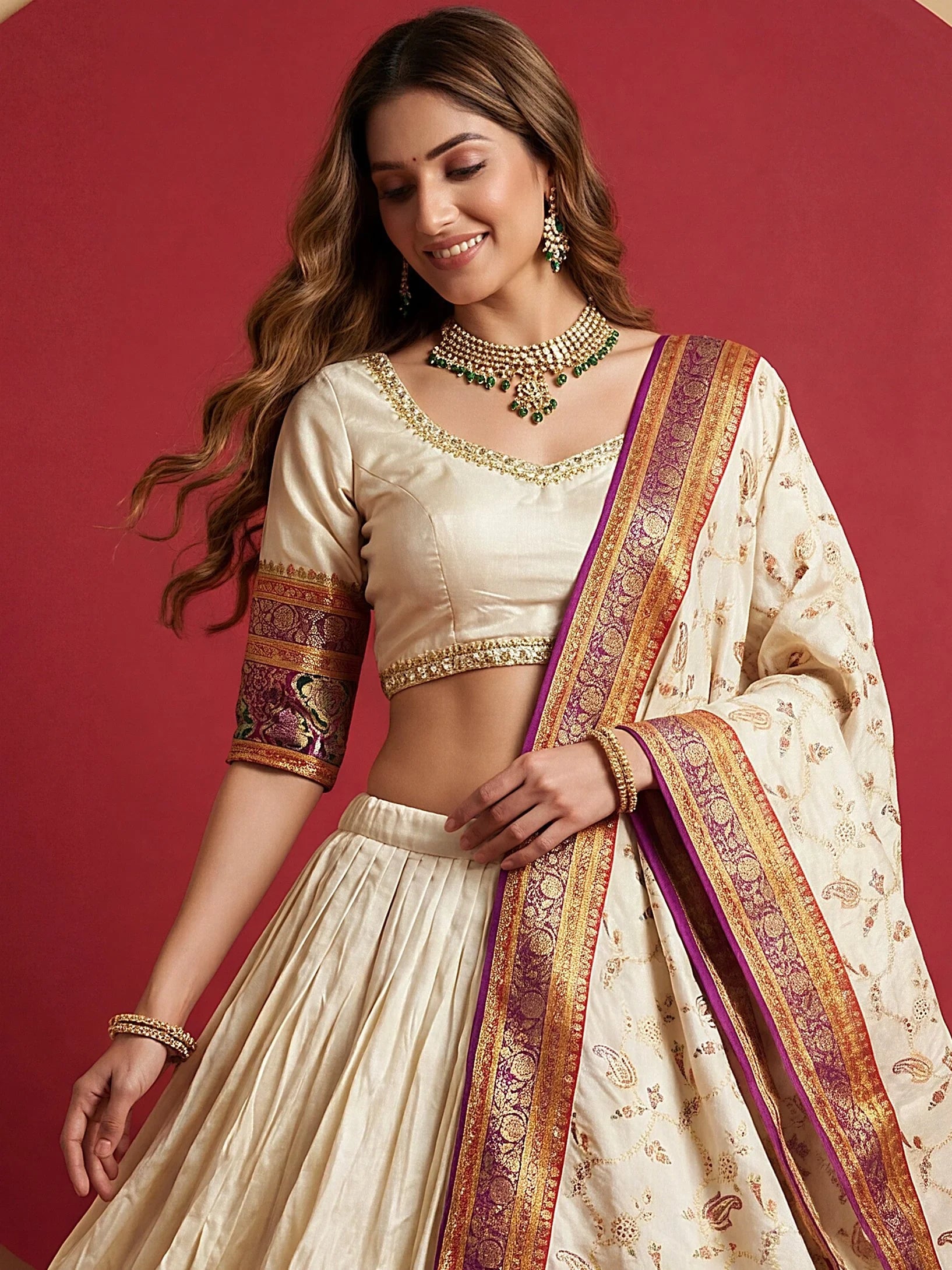 Aesthetics Off-White Zari Weaving Viscose Silk Traditional Lehenga Choli