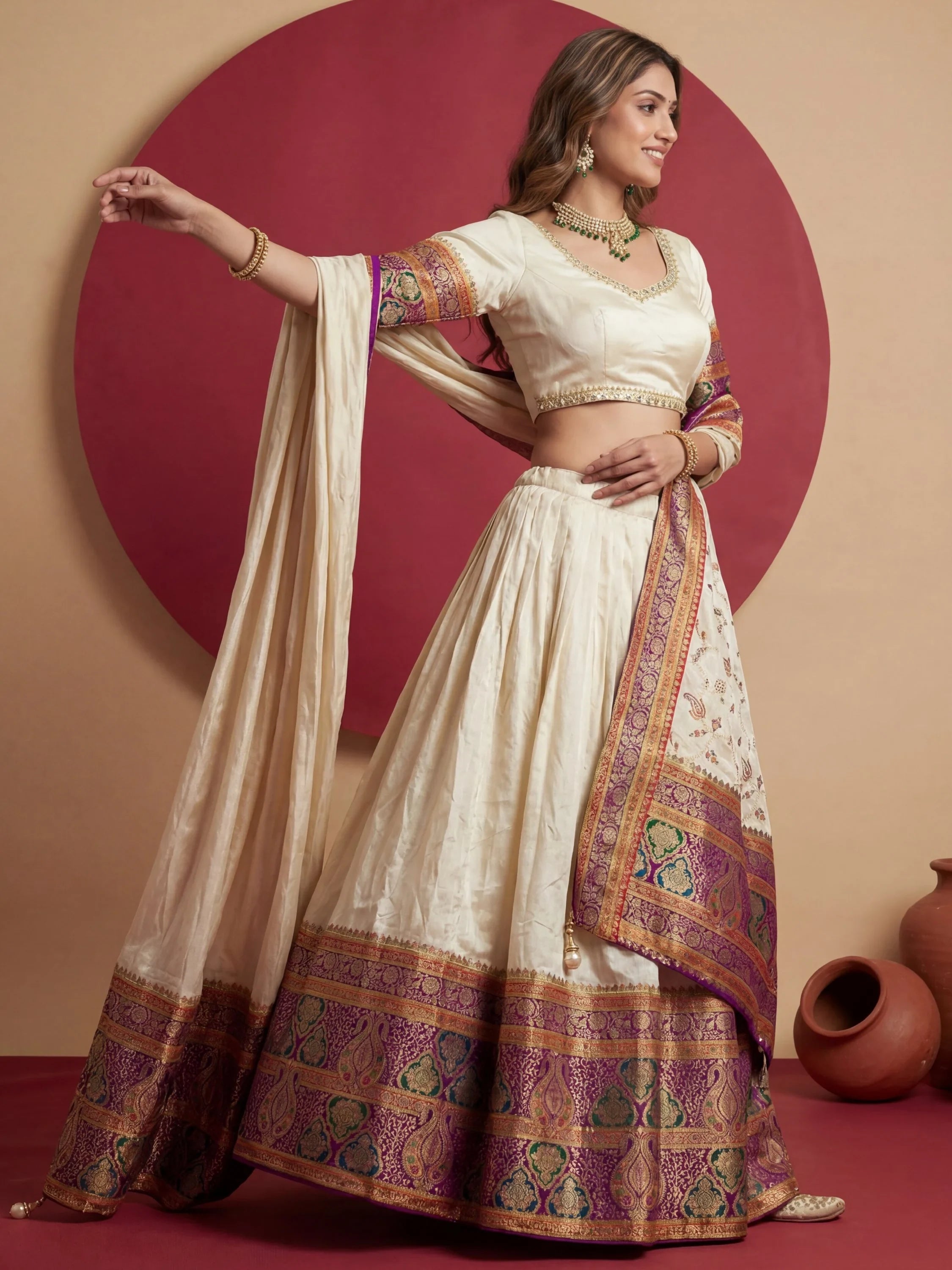 Aesthetics Off-White Zari Weaving Viscose Silk Traditional Lehenga Choli