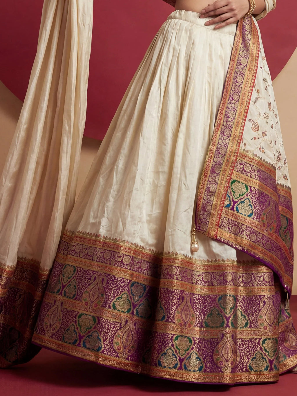 Aesthetics Off-White Zari Weaving Viscose Silk Traditional Lehenga Choli