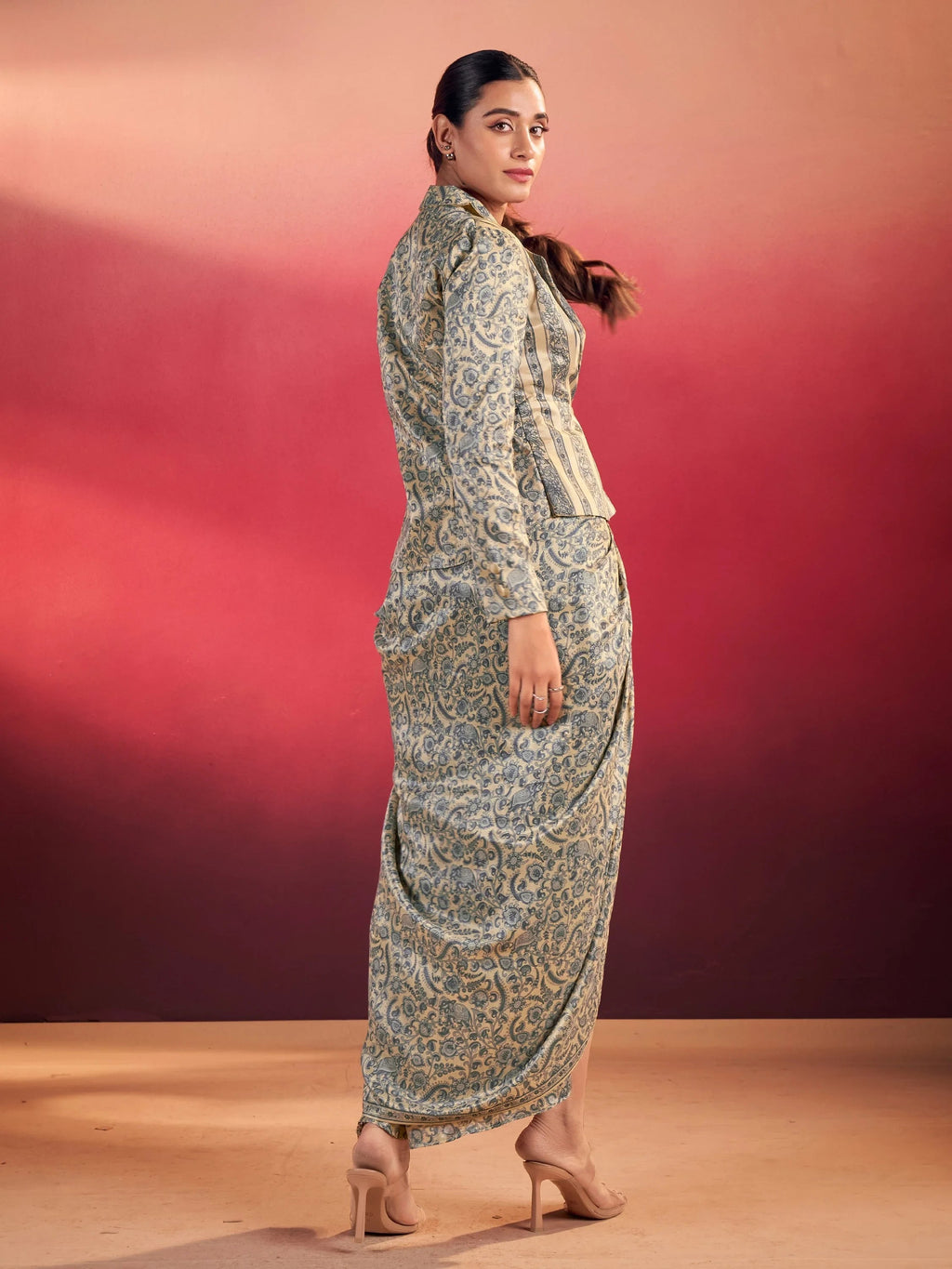 Blue Gorgeous Event Wear Crop Top With Drape Lehenga And Jacket