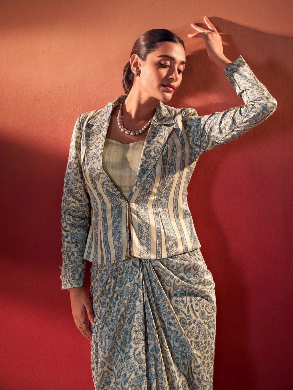 Blue Gorgeous Event Wear Crop Top With Drape Lehenga And Jacket