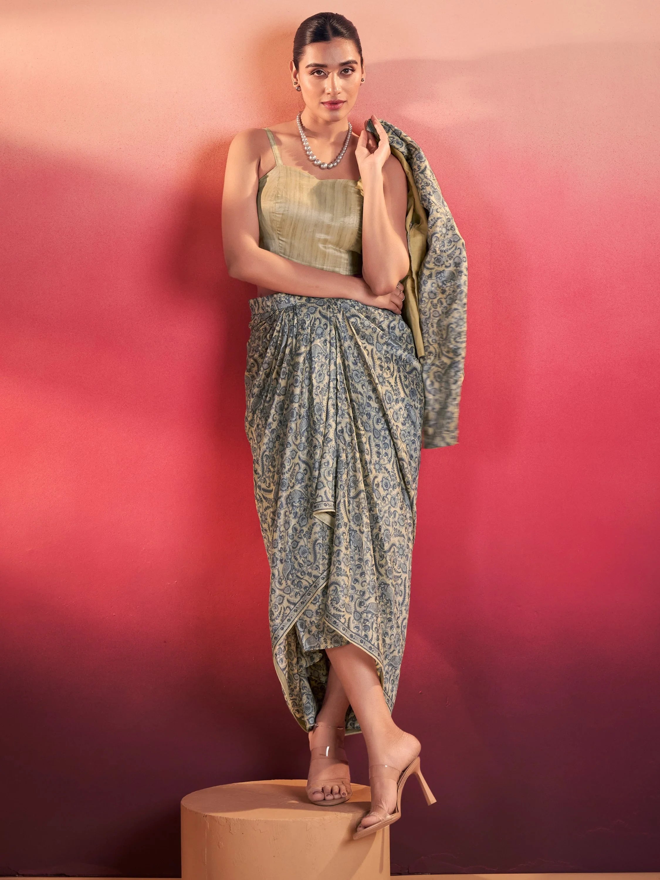Blue Gorgeous Event Wear Crop Top With Drape Lehenga And Jacket