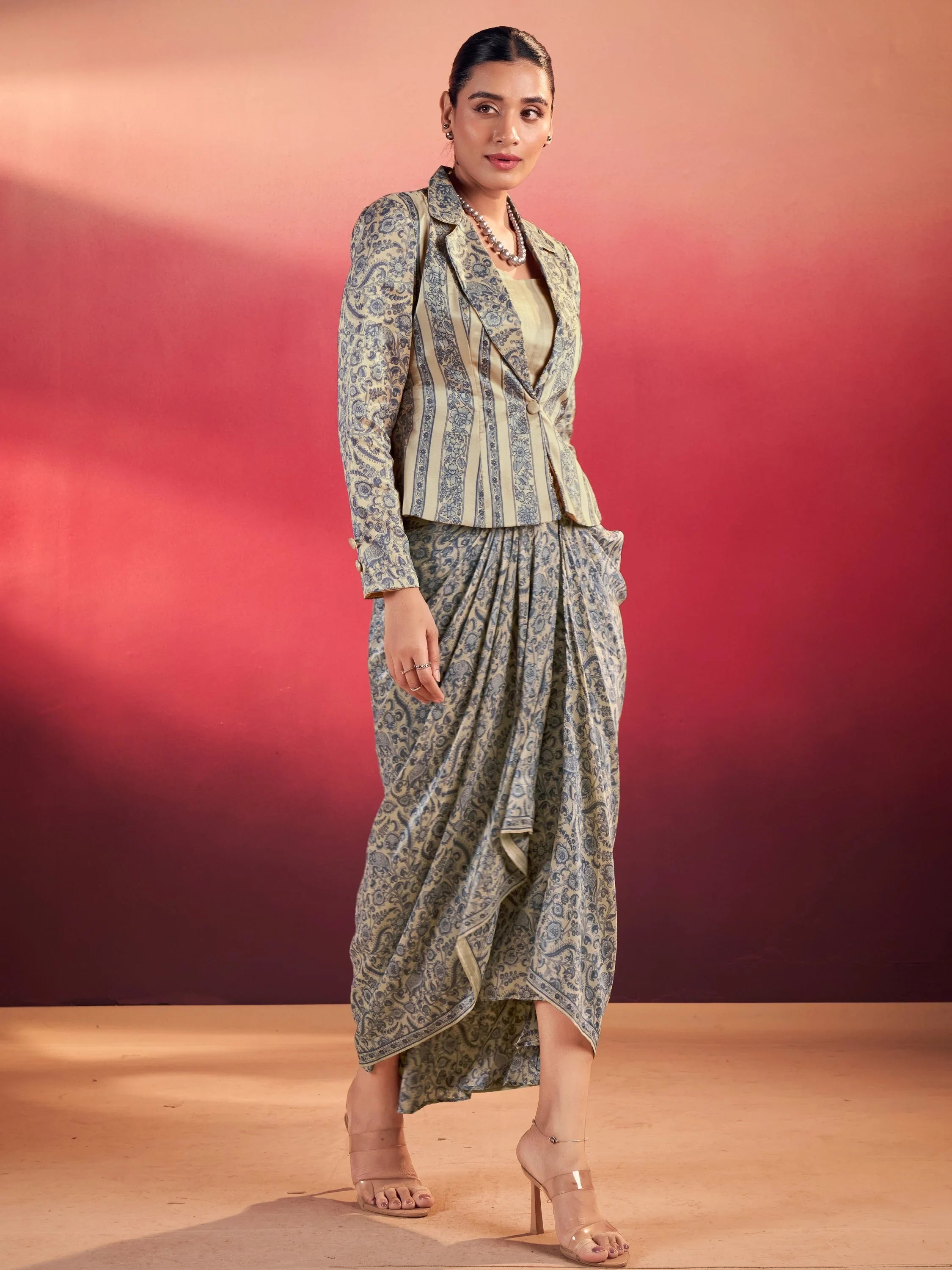 Blue Gorgeous Event Wear Crop Top With Drape Lehenga And Jacket