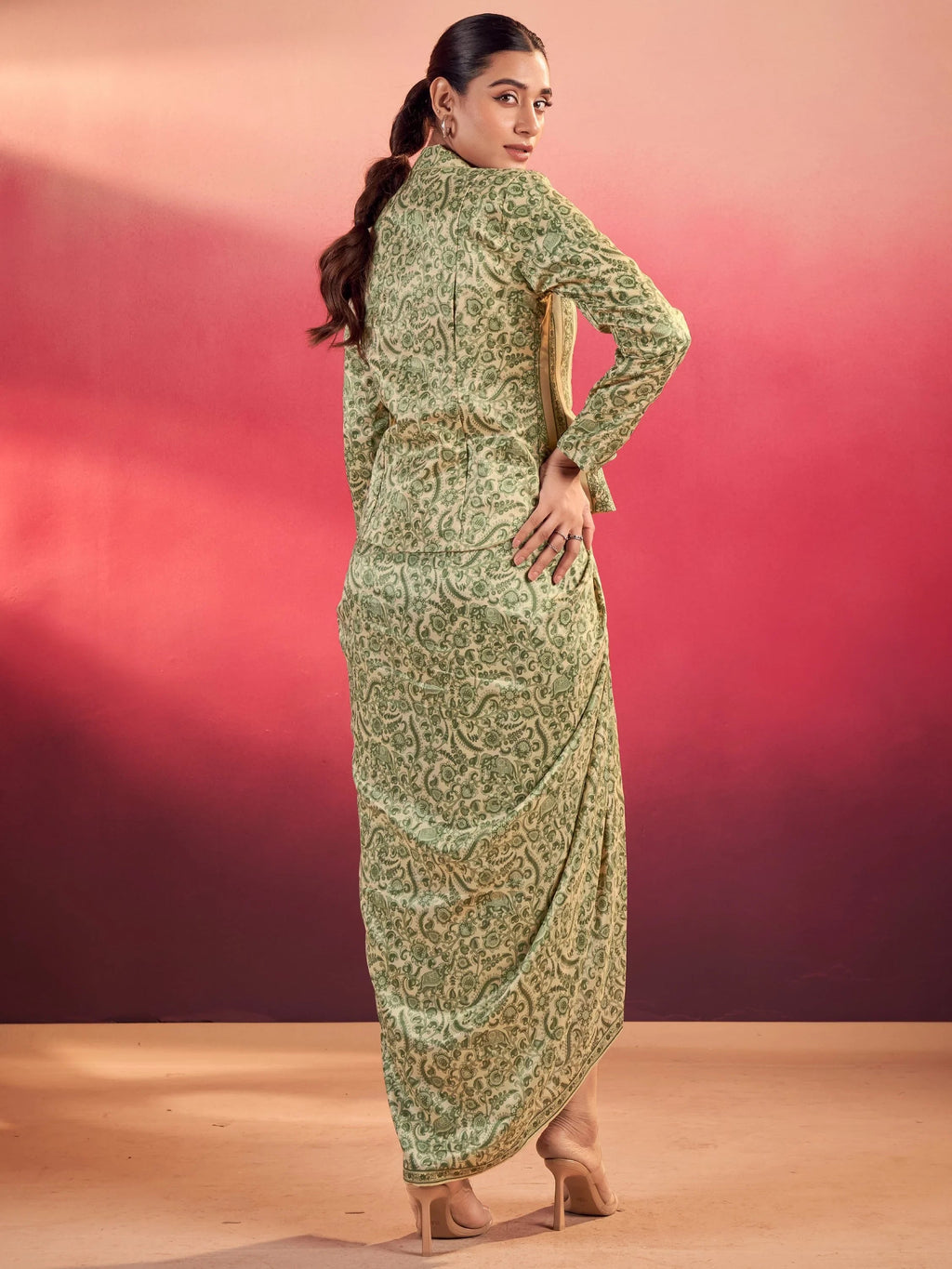 Green Gorgeous Event Wear Crop Top With Drape Lehenga And Jacket