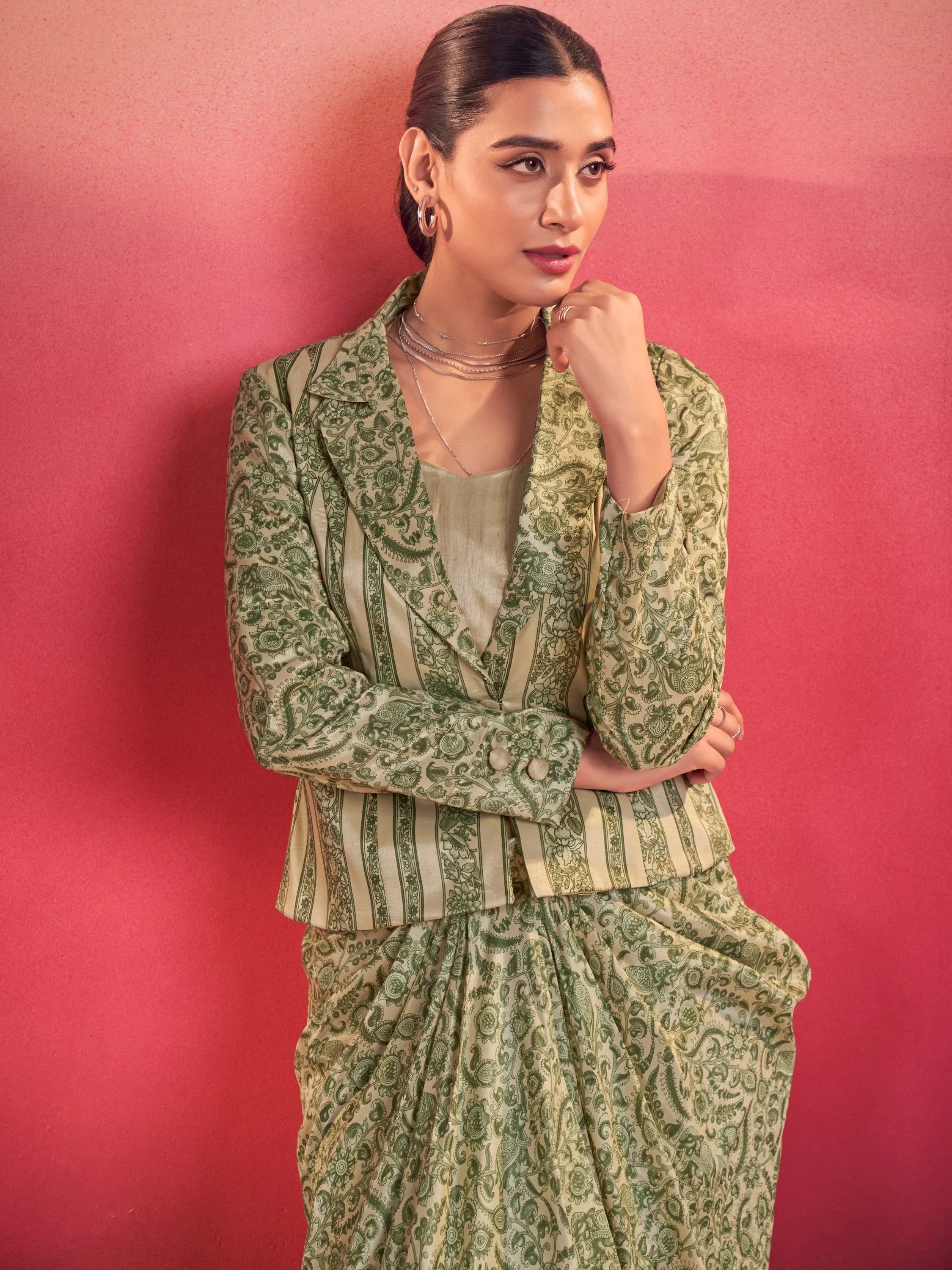 Green Gorgeous Event Wear Crop Top With Drape Lehenga And Jacket