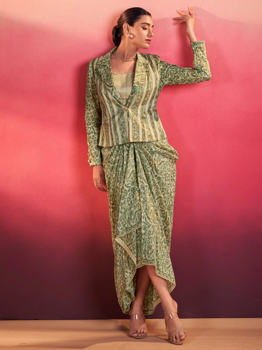 Green Gorgeous Event Wear Crop Top With Drape Lehenga And Jacket