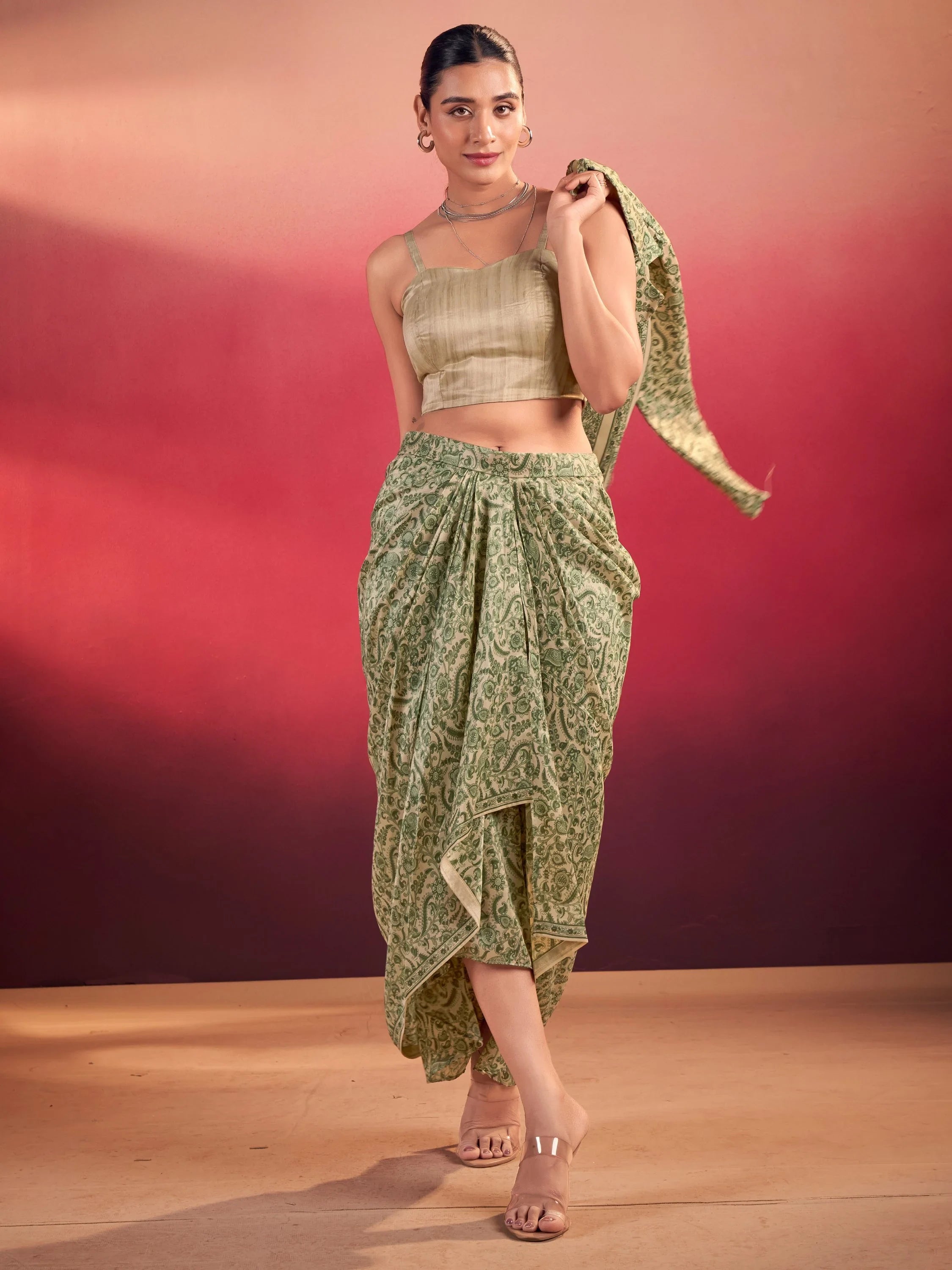 Green Gorgeous Event Wear Crop Top With Drape Lehenga And Jacket