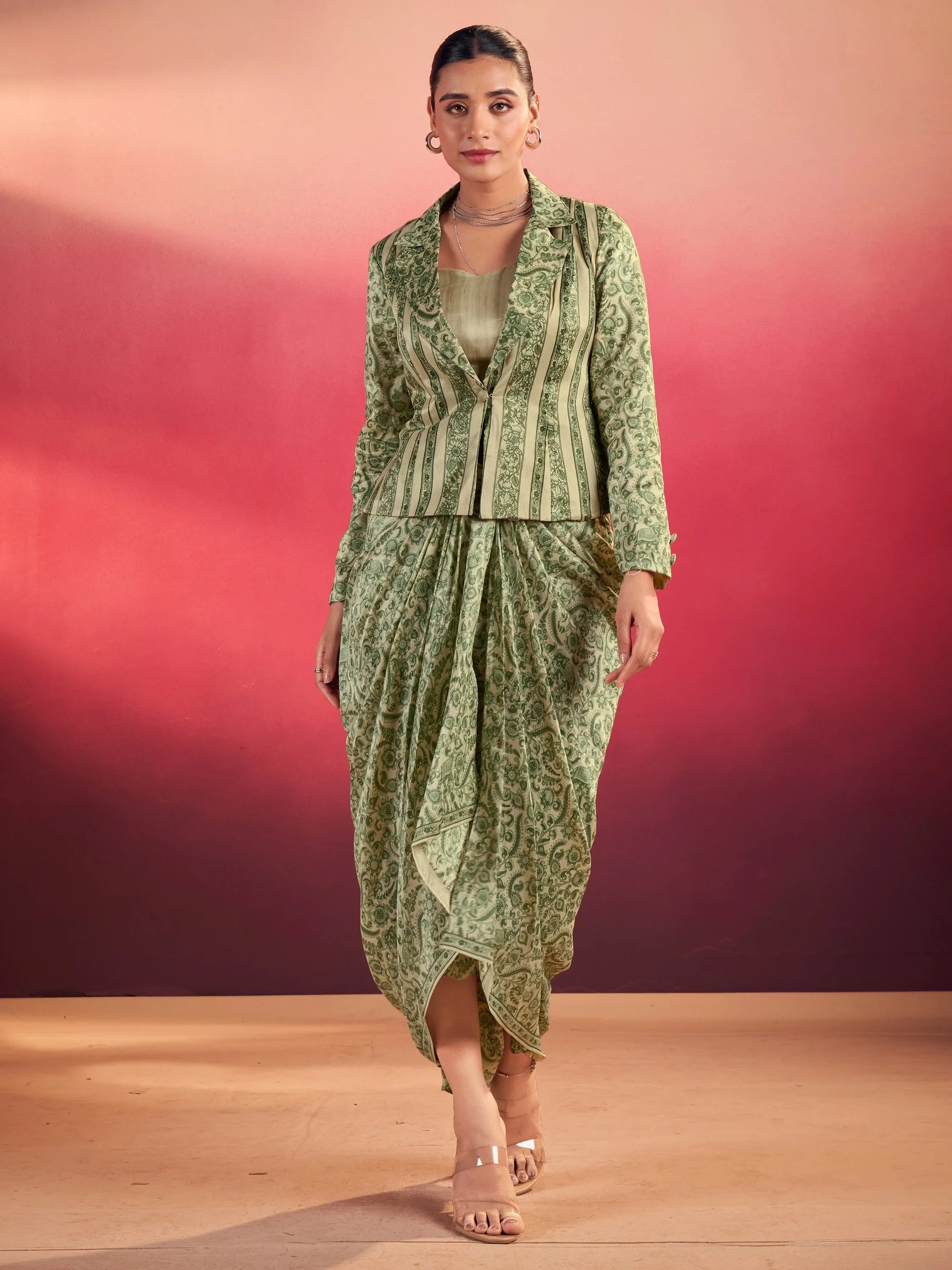 Green Gorgeous Event Wear Crop Top With Drape Lehenga And Jacket