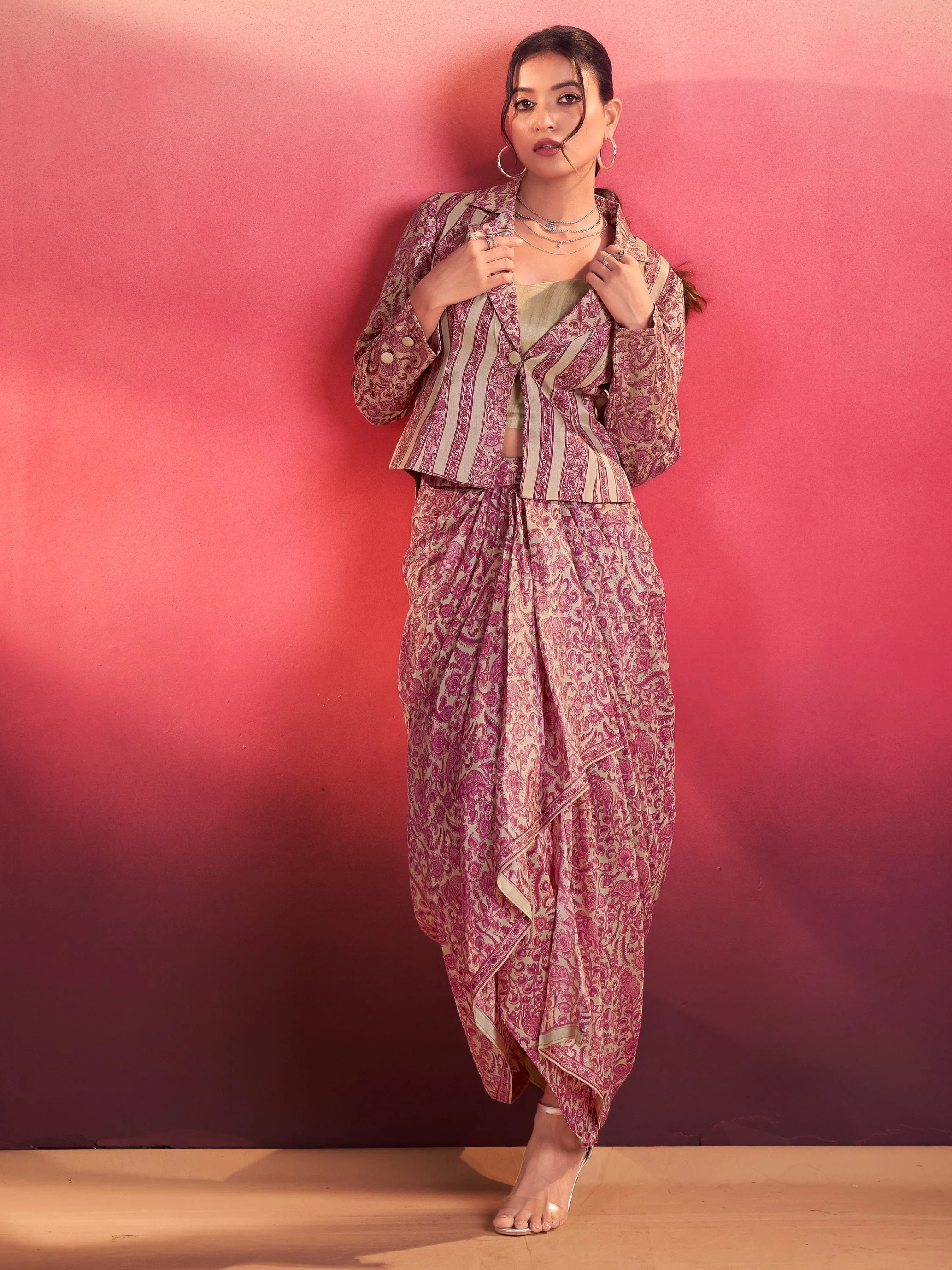 Lovely Rani Pink Wedding Wear Crop Top With Drape Lehenga And Jacket