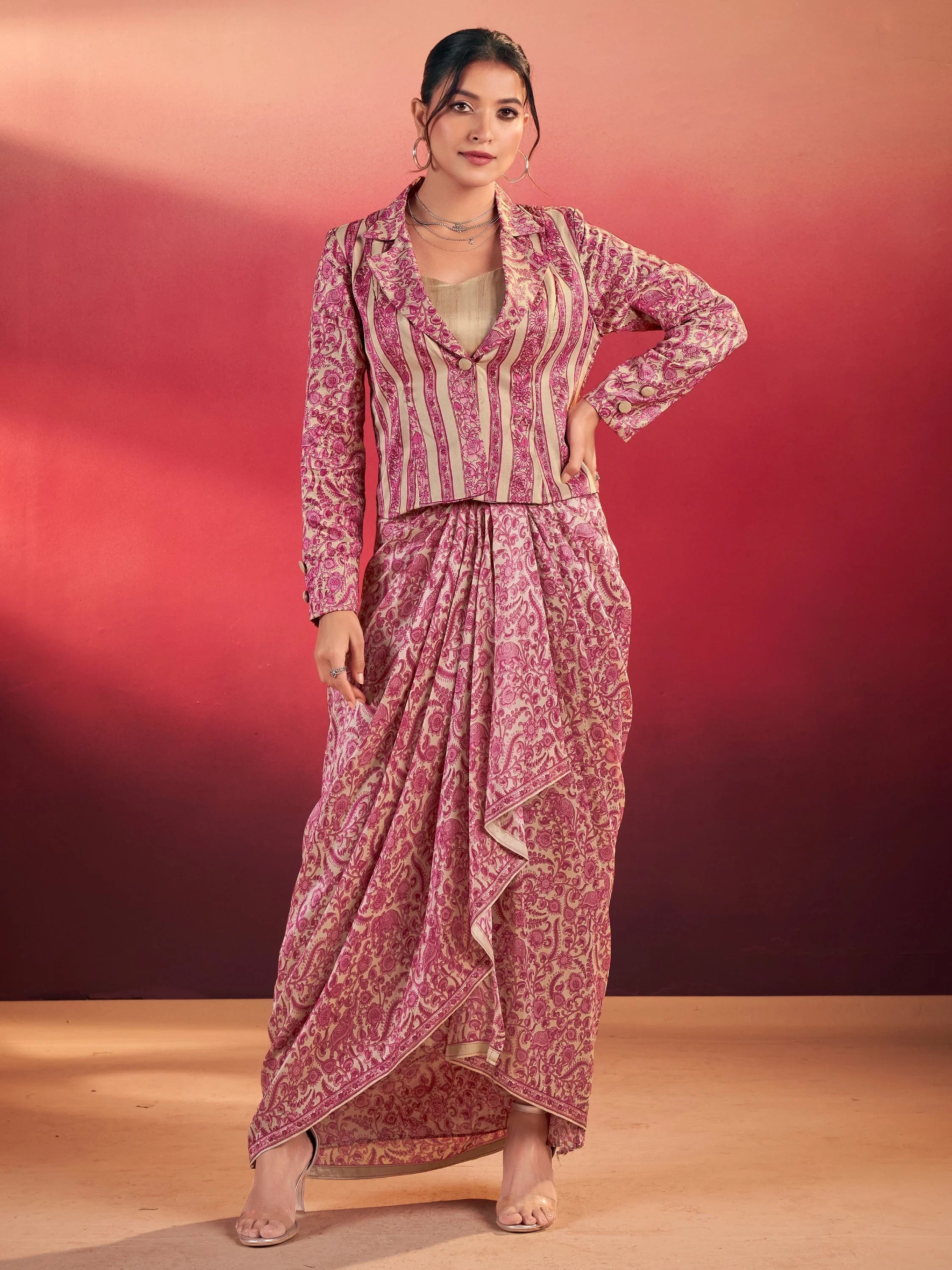 Lovely Rani Pink Wedding Wear Crop Top With Drape Lehenga And Jacket