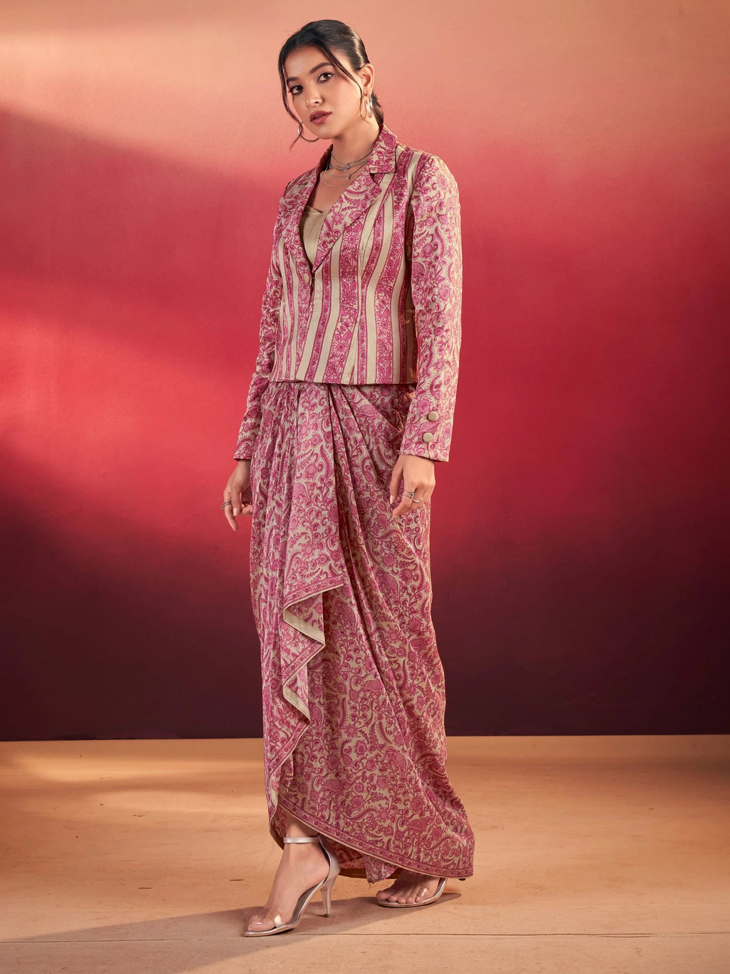 Lovely Rani Pink Wedding Wear Crop Top With Drape Lehenga And Jacket