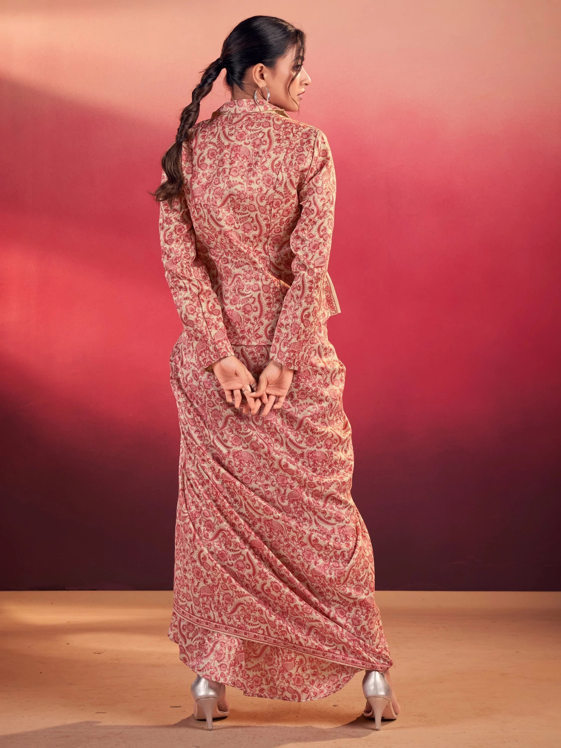 Pink Gorgeous Event Wear Crop Top With Drape Lehenga And Jacket