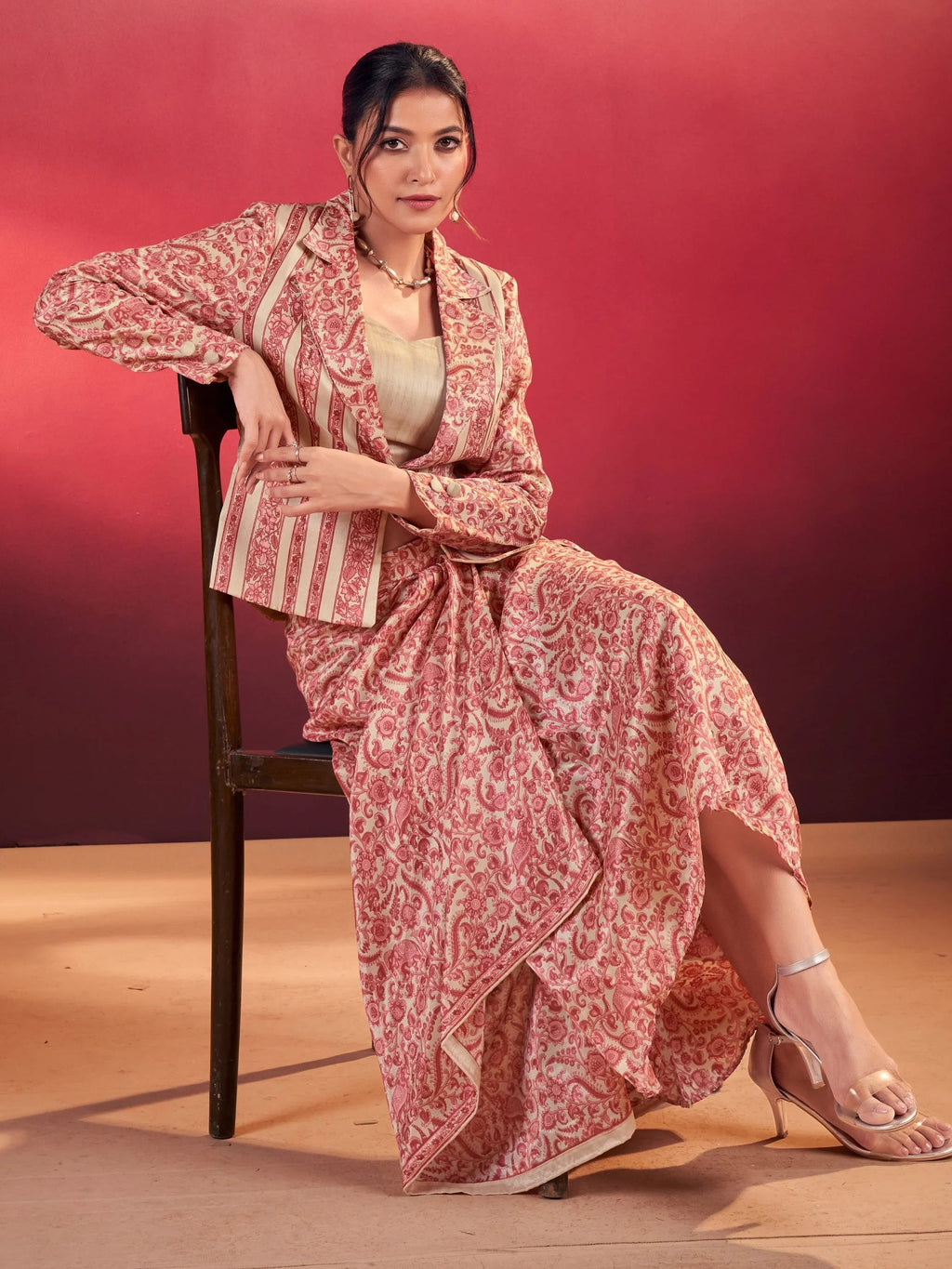 Pink Gorgeous Event Wear Crop Top With Drape Lehenga And Jacket