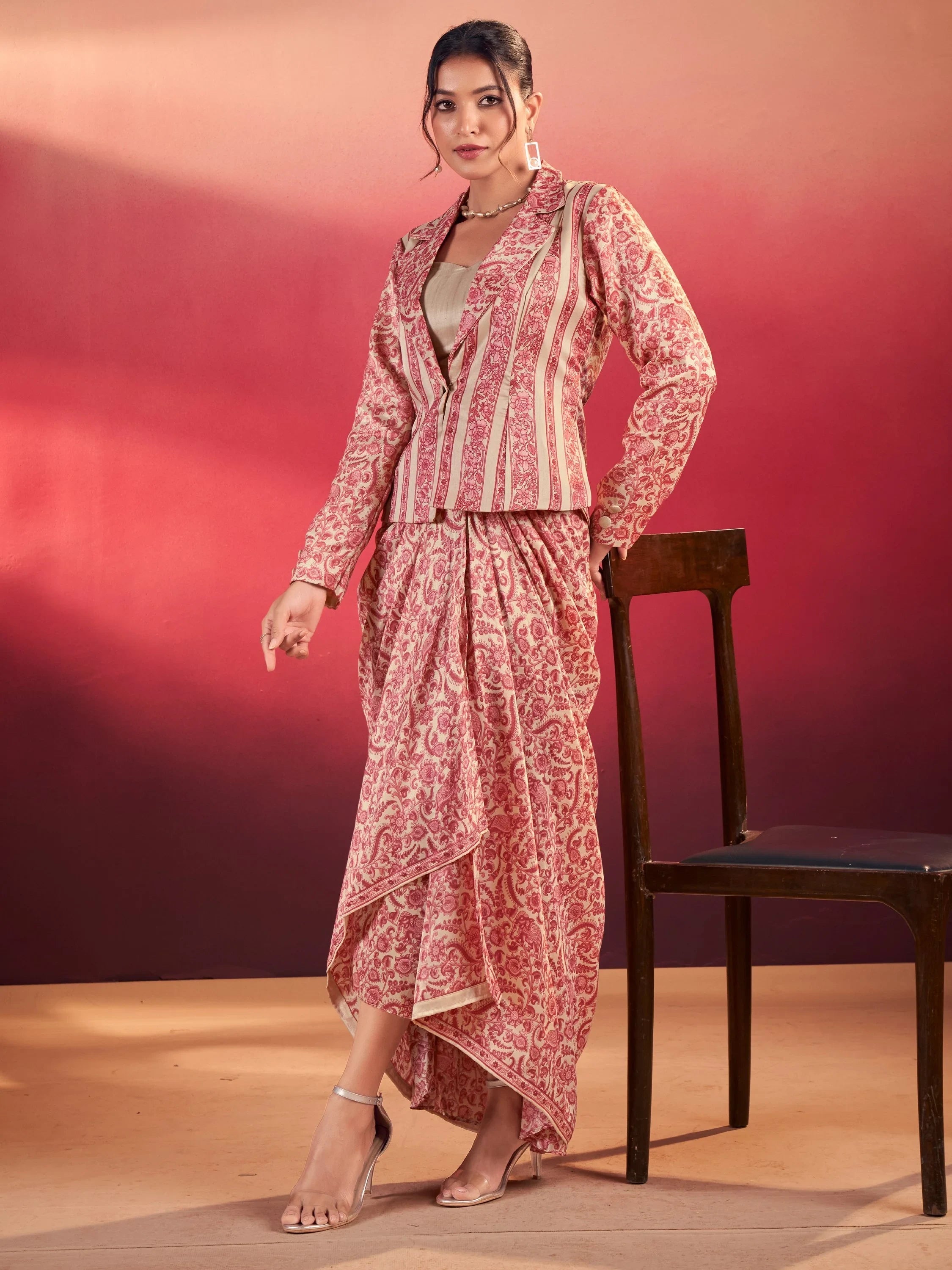 Pink Gorgeous Event Wear Crop Top With Drape Lehenga And Jacket