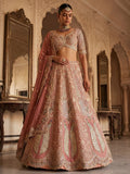 Royal Peach Heavy Embroidered Tissue Wedding Wear Lehenga With Blouse