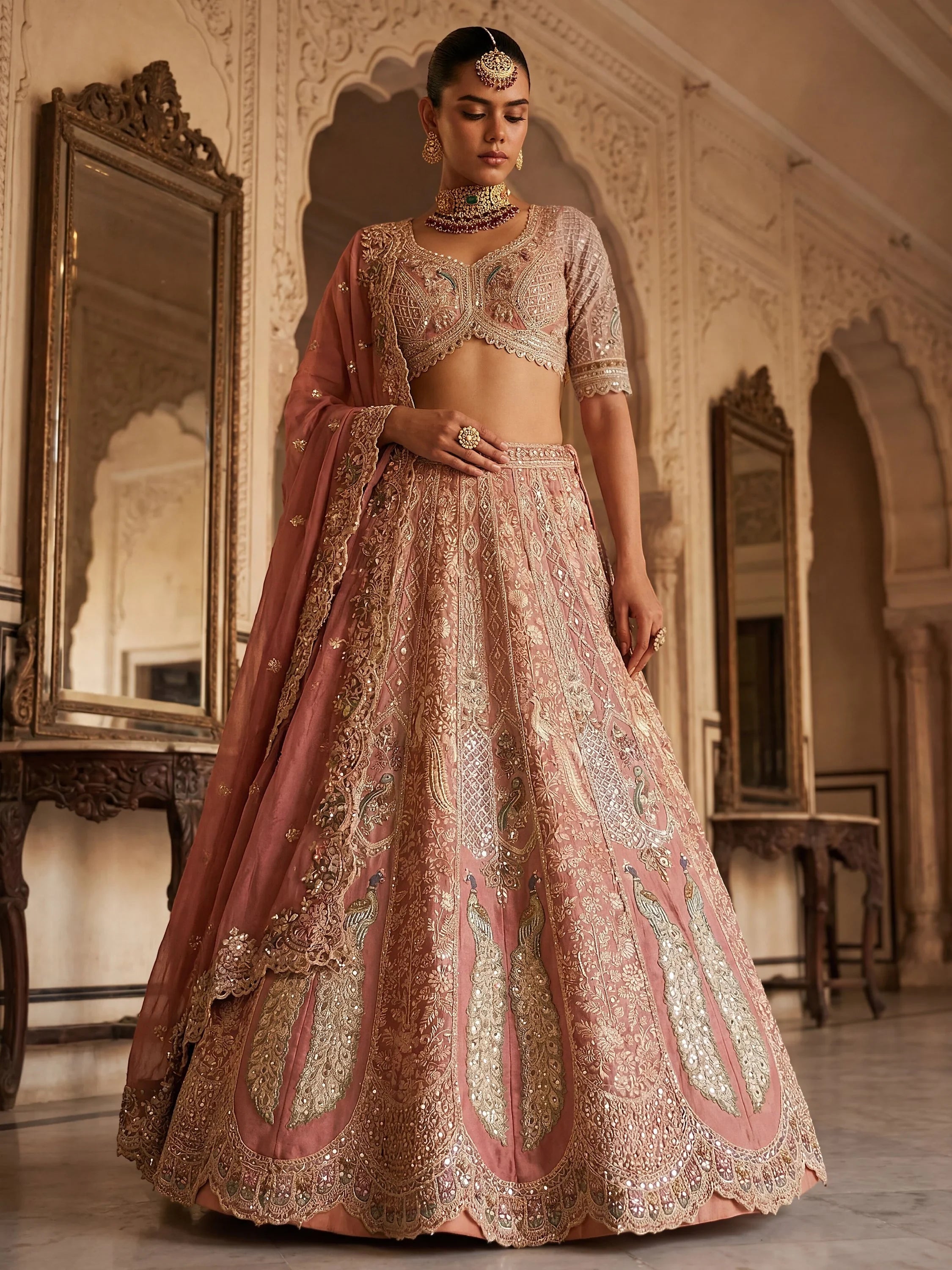 Royal Peach Heavy Embroidered Tissue Wedding Wear Lehenga With Blouse