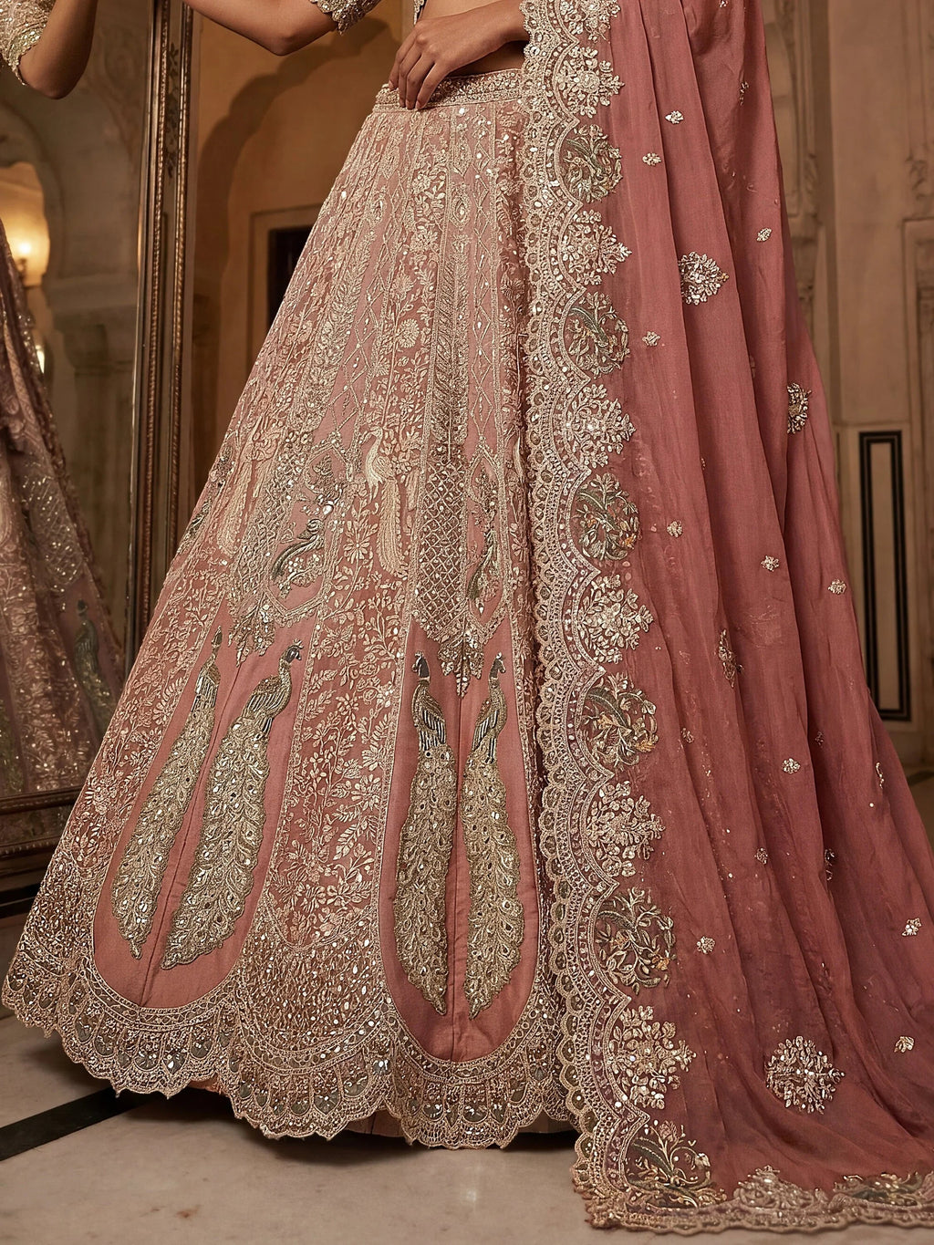 Royal Peach Heavy Embroidered Tissue Wedding Wear Lehenga With Blouse