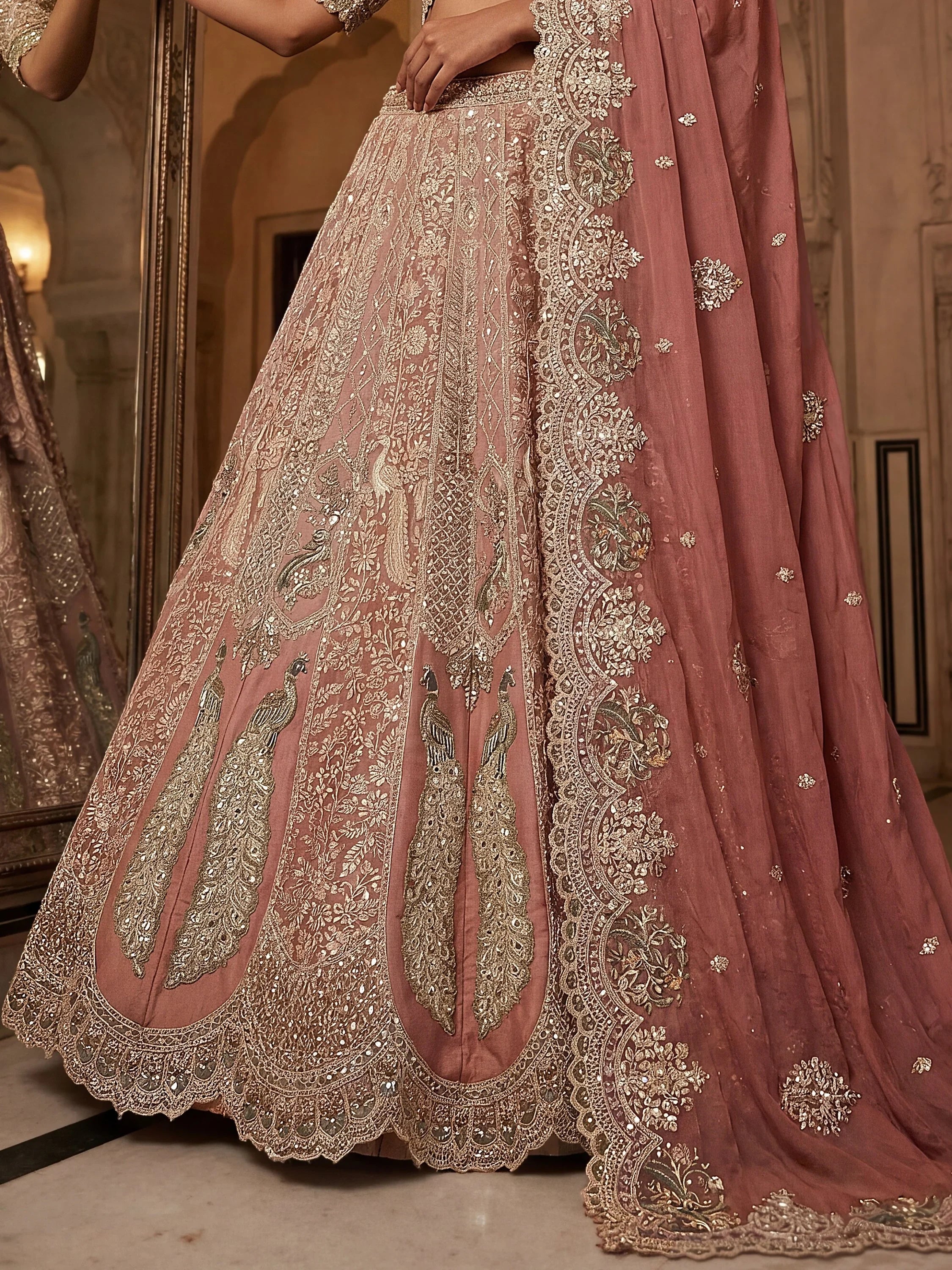 Royal Peach Heavy Embroidered Tissue Wedding Wear Lehenga With Blouse