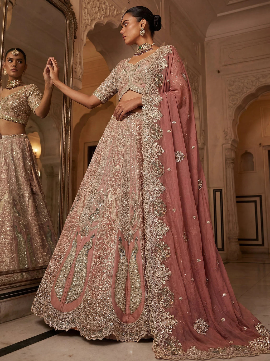 Royal Peach Heavy Embroidered Tissue Wedding Wear Lehenga With Blouse