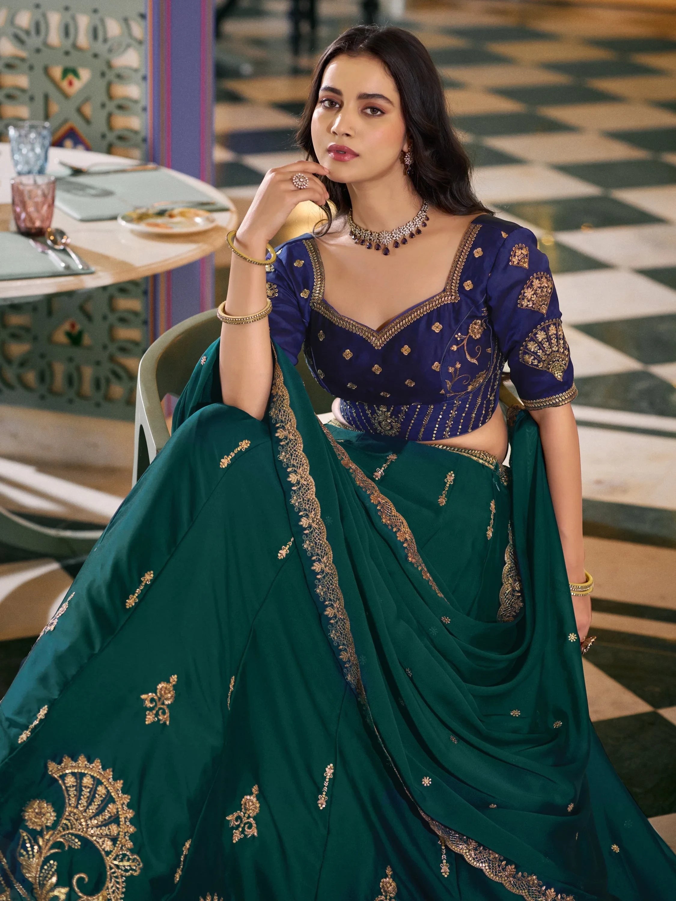 Sparkling Green Thread Embroidery Silk Function Wear Lehenga Choli