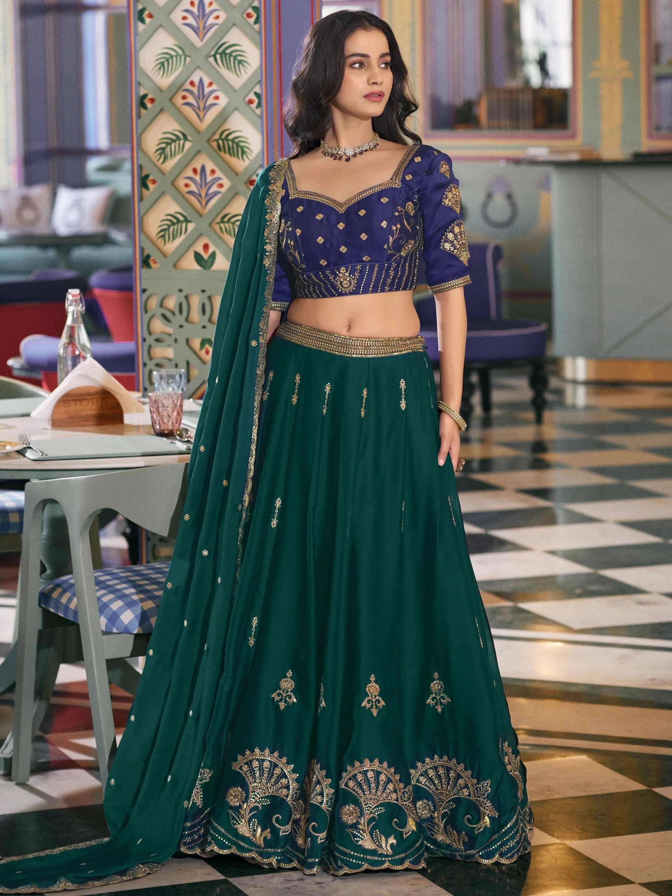 Sparkling Green Thread Embroidery Silk Function Wear Lehenga Choli