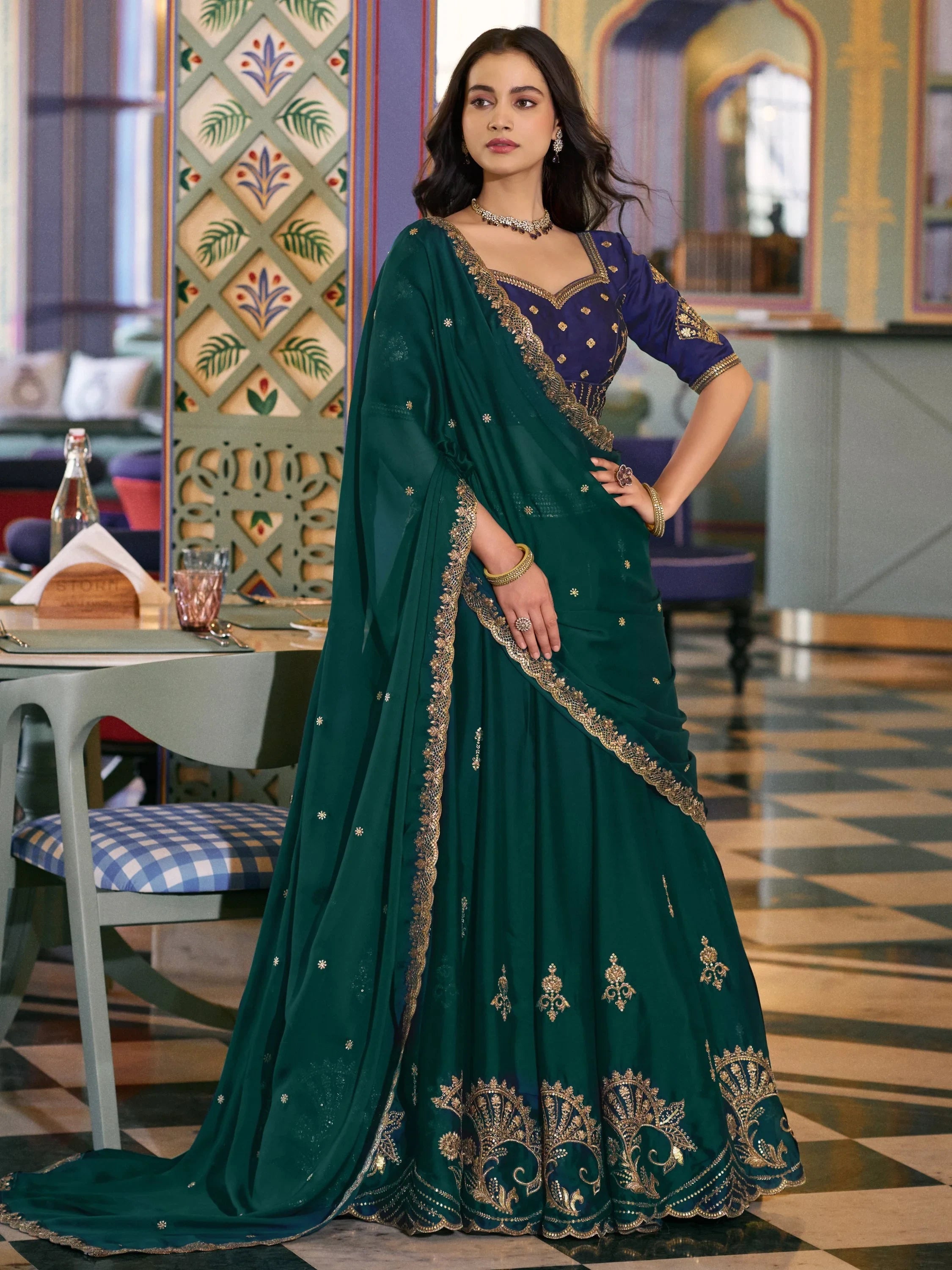 Sparkling Green Thread Embroidery Silk Function Wear Lehenga Choli