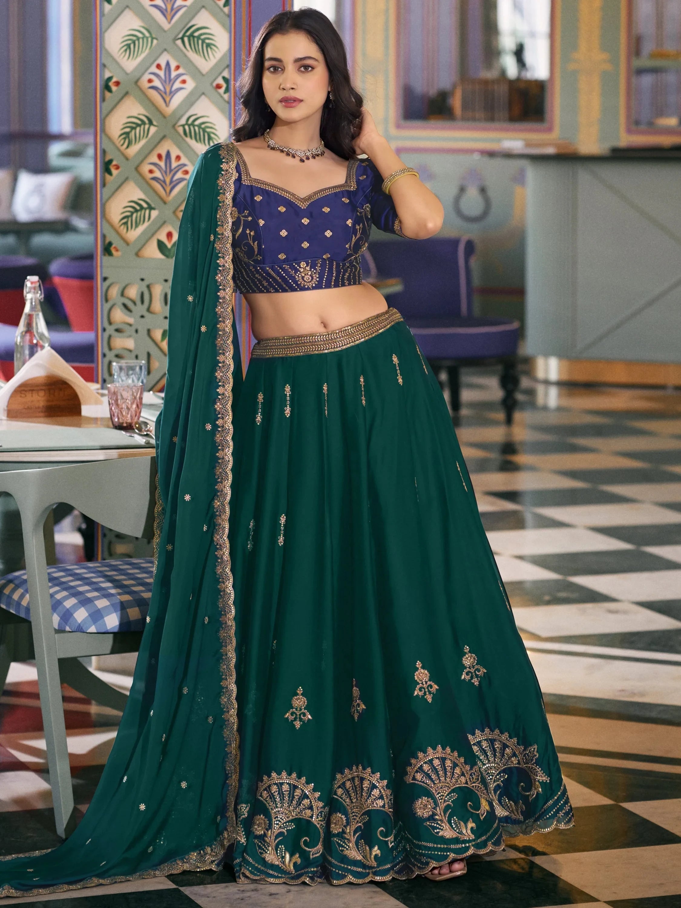 Sparkling Green Thread Embroidery Silk Function Wear Lehenga Choli