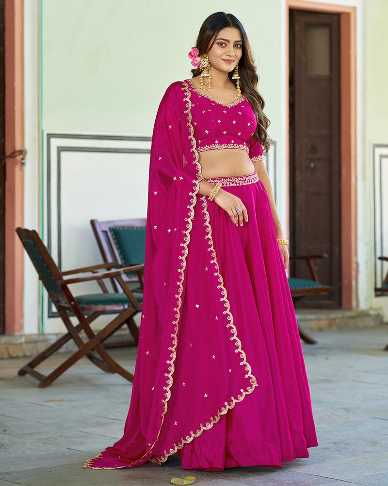 Pink Chinon Designer Lehenga Choli with Embroidery for Festive Occasions