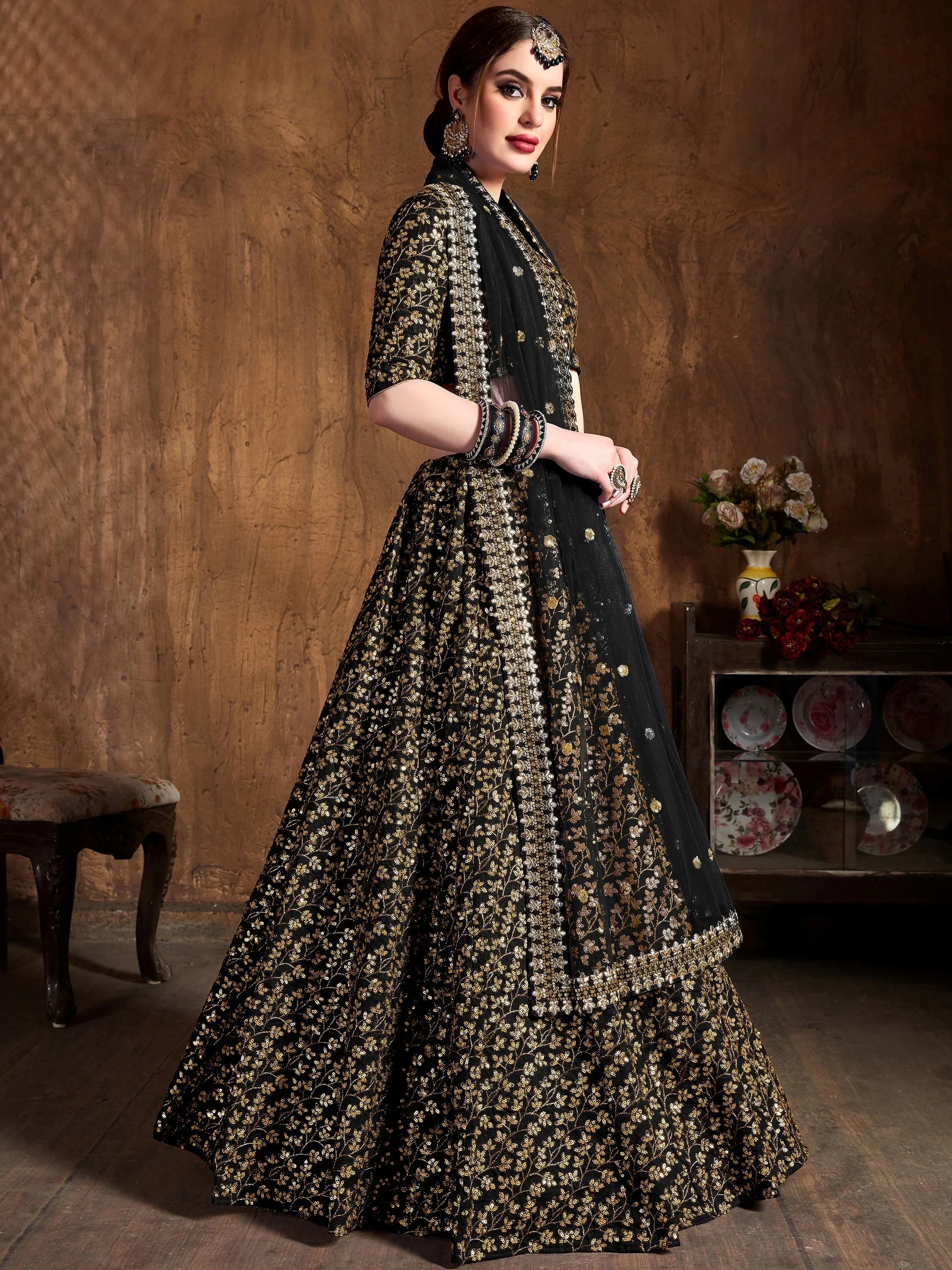 Graceful Black Sequins Silk Function Wear Plus Size Lehenga Choli