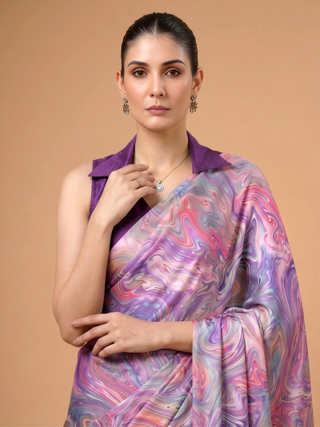 Lavender Charming Digital Printed Satin Festive Wear Saree With Blouse