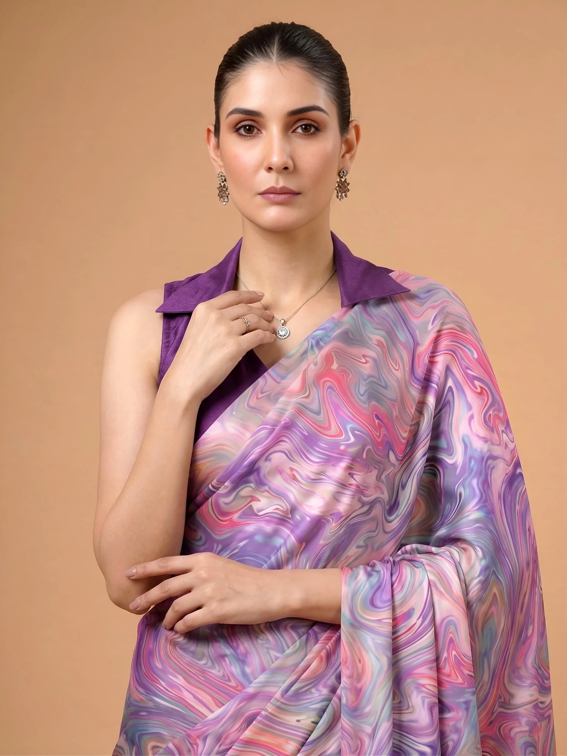 Lavender Charming Digital Printed Satin Festive Wear Saree With Blouse