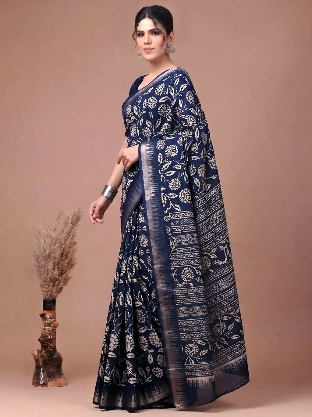 Navy Majestic Floral Printed Silk Casual Wear Saree With Blouse