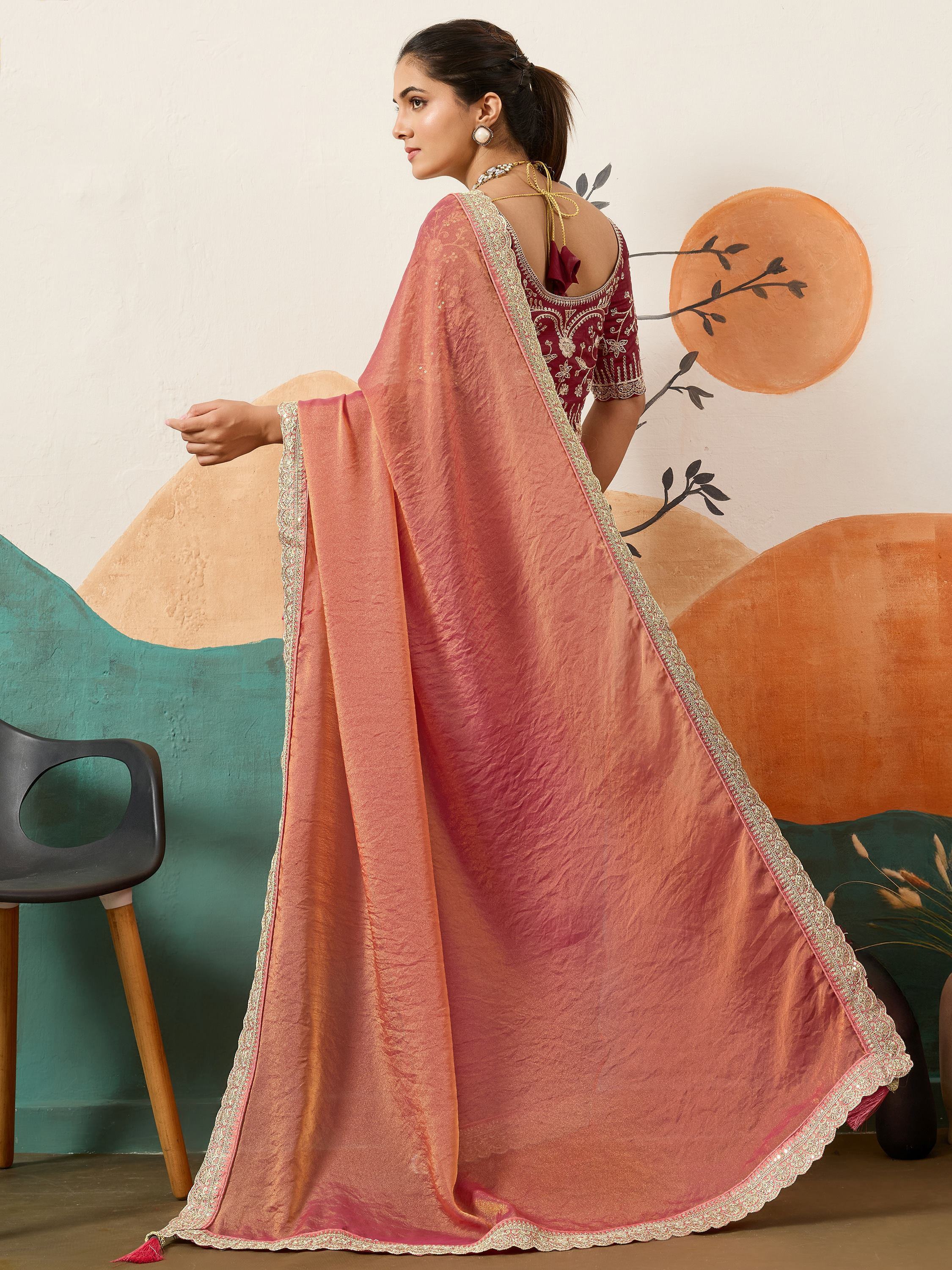 Rich Peach Silk Reception Wear Saree With Heavy Embroidered Blouse