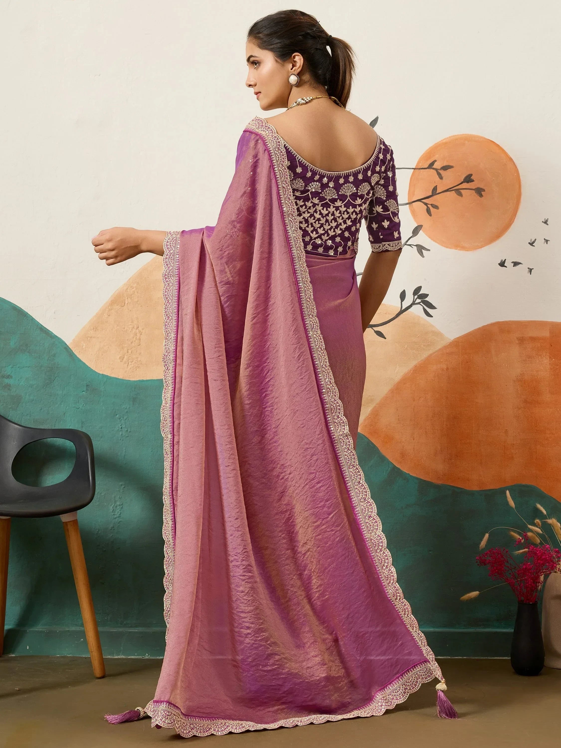 Stylish Pink Silk Party Wear Saree With Heavy Embroidered Blouse
