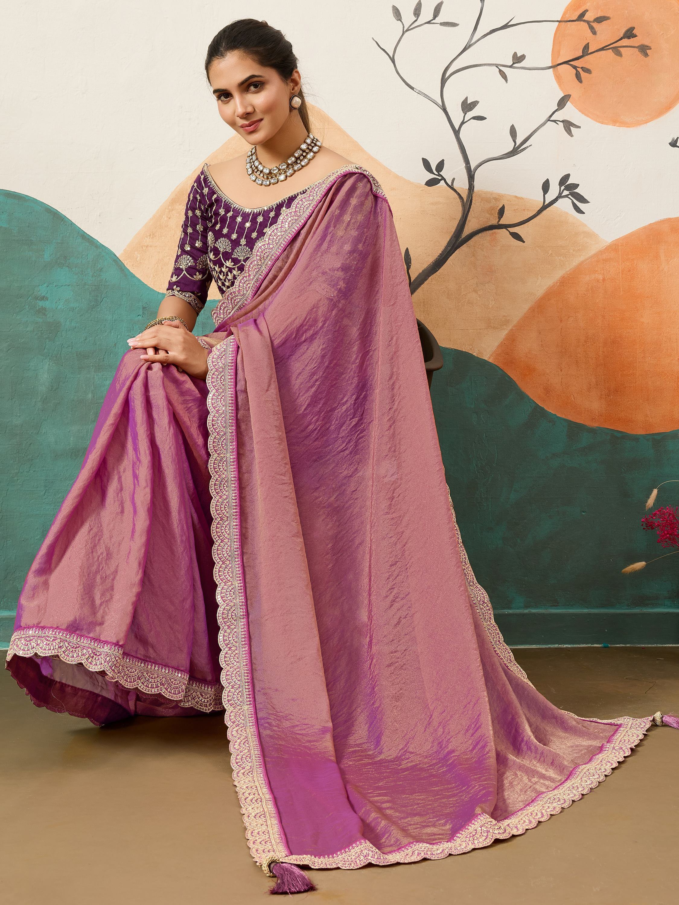 Stylish Pink Silk Party Wear Saree With Heavy Embroidered Blouse