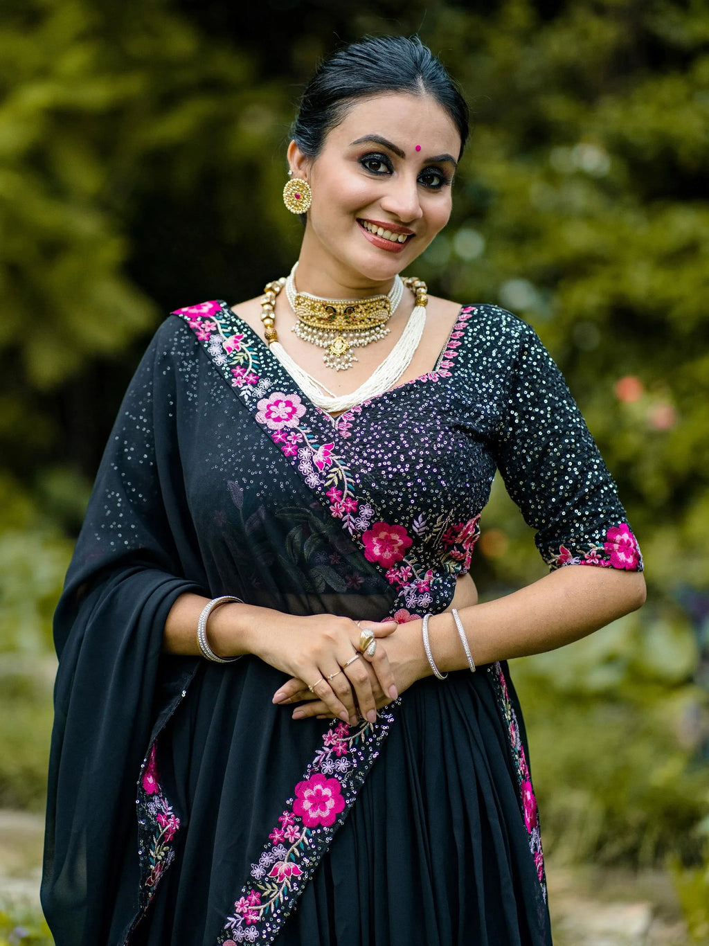 Elegant Black Embroidered Georgette Function Wear Lehenga Choli