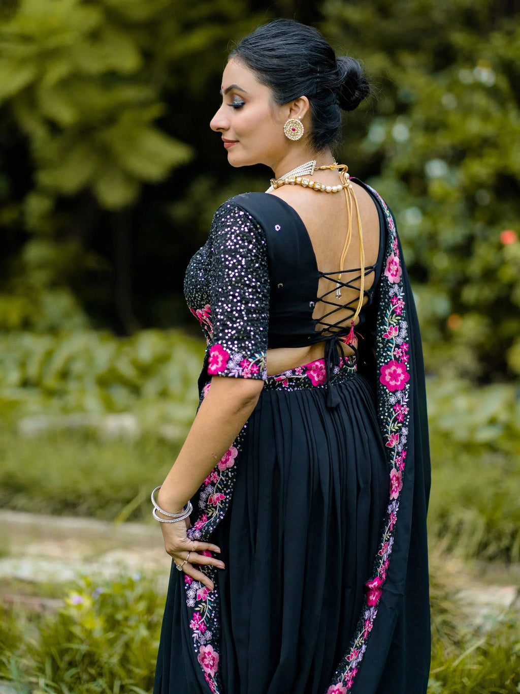 Elegant Black Embroidered Georgette Function Wear Lehenga Choli