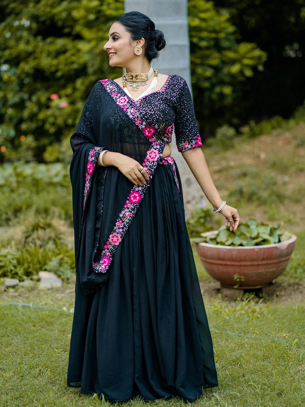 Elegant Black Embroidered Georgette Function Wear Lehenga Choli
