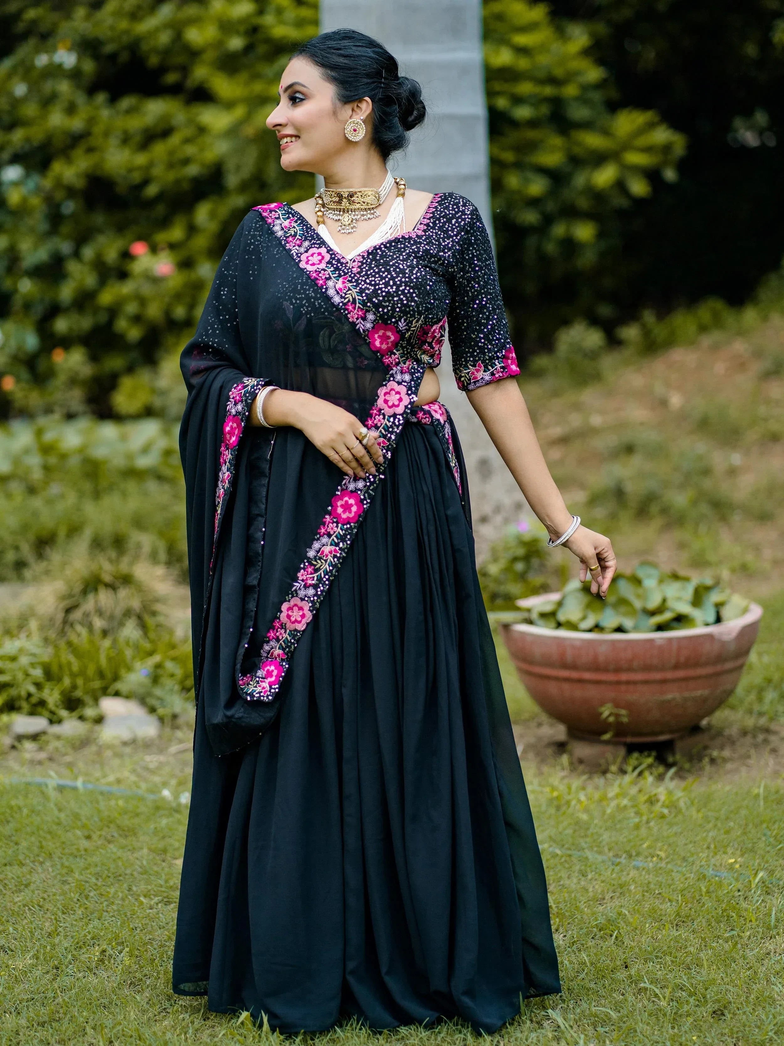 Elegant Black Embroidered Georgette Function Wear Lehenga Choli