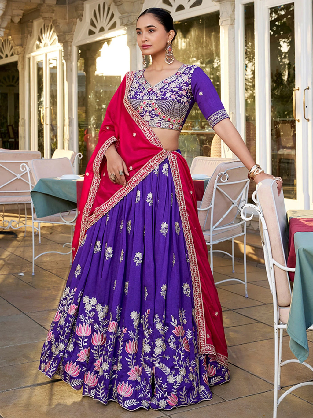 Elite Purple Embroidered Silk Wedding Wear Lehenga Choli With Dupatta