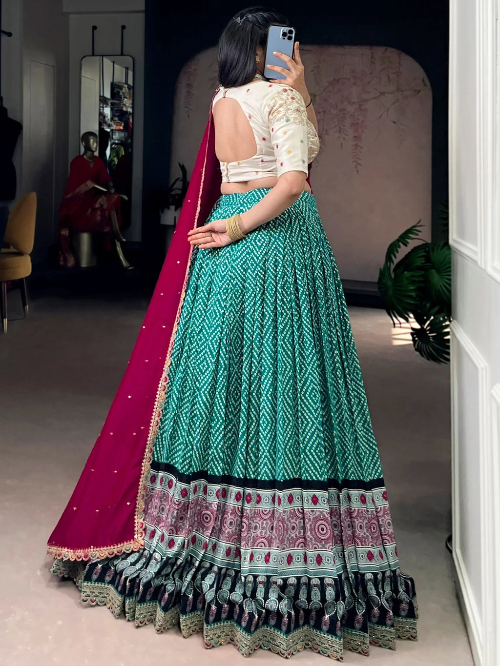Green Gorgeous Bandhani Printed Rayon Haldi Wear Lehenga Choli