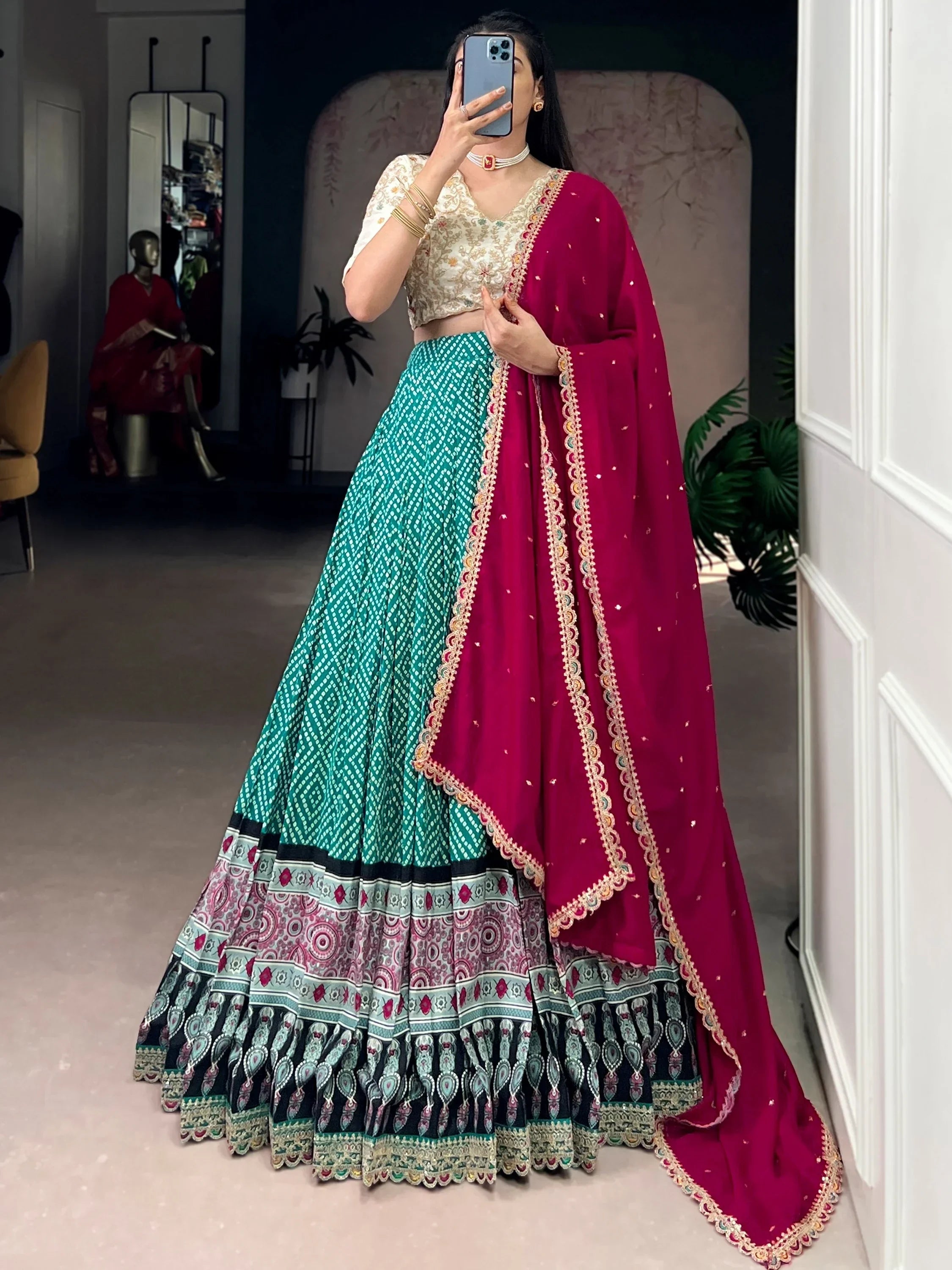 Green Gorgeous Bandhani Printed Rayon Haldi Wear Lehenga Choli