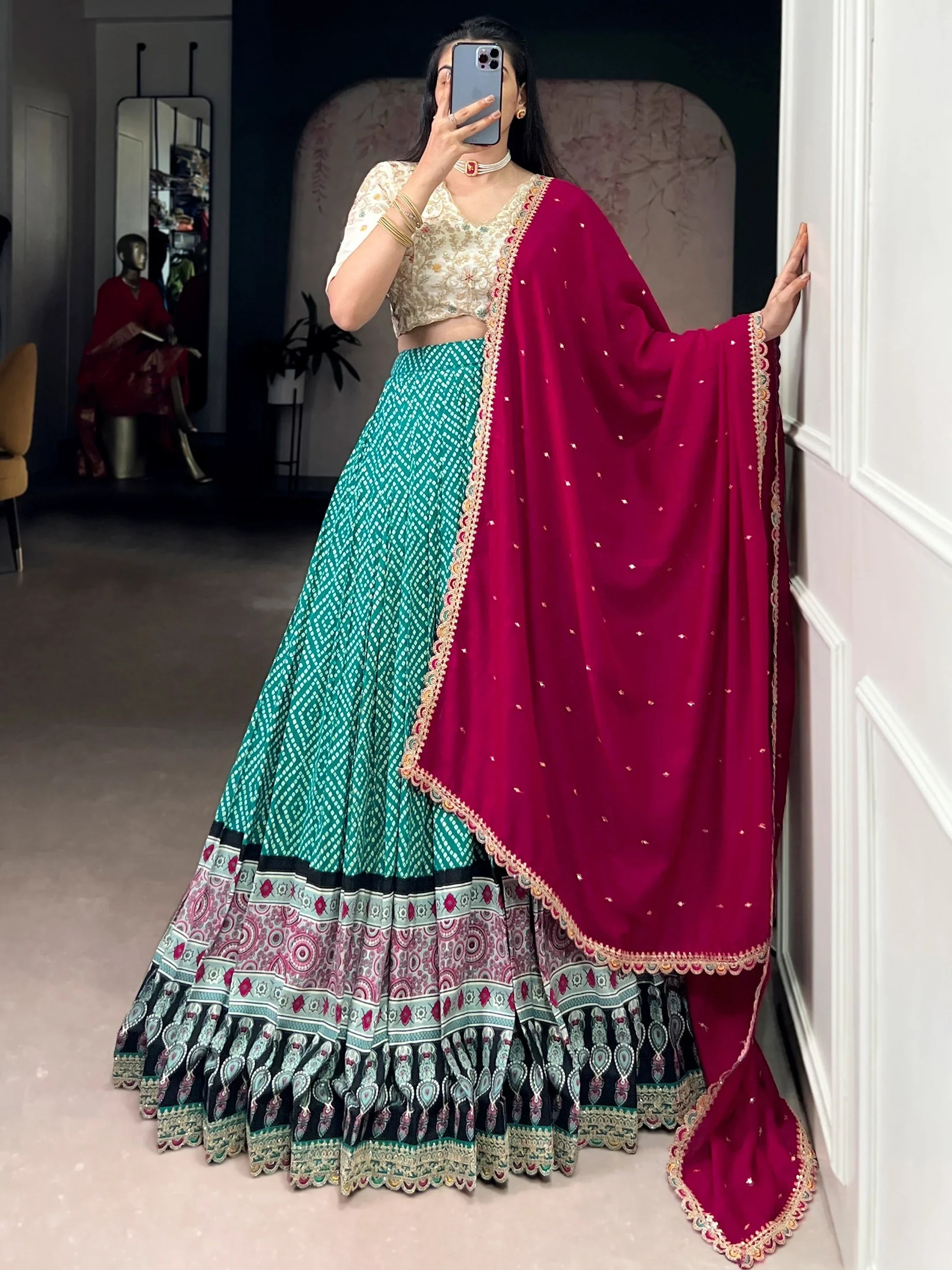 Green Gorgeous Bandhani Printed Rayon Haldi Wear Lehenga Choli