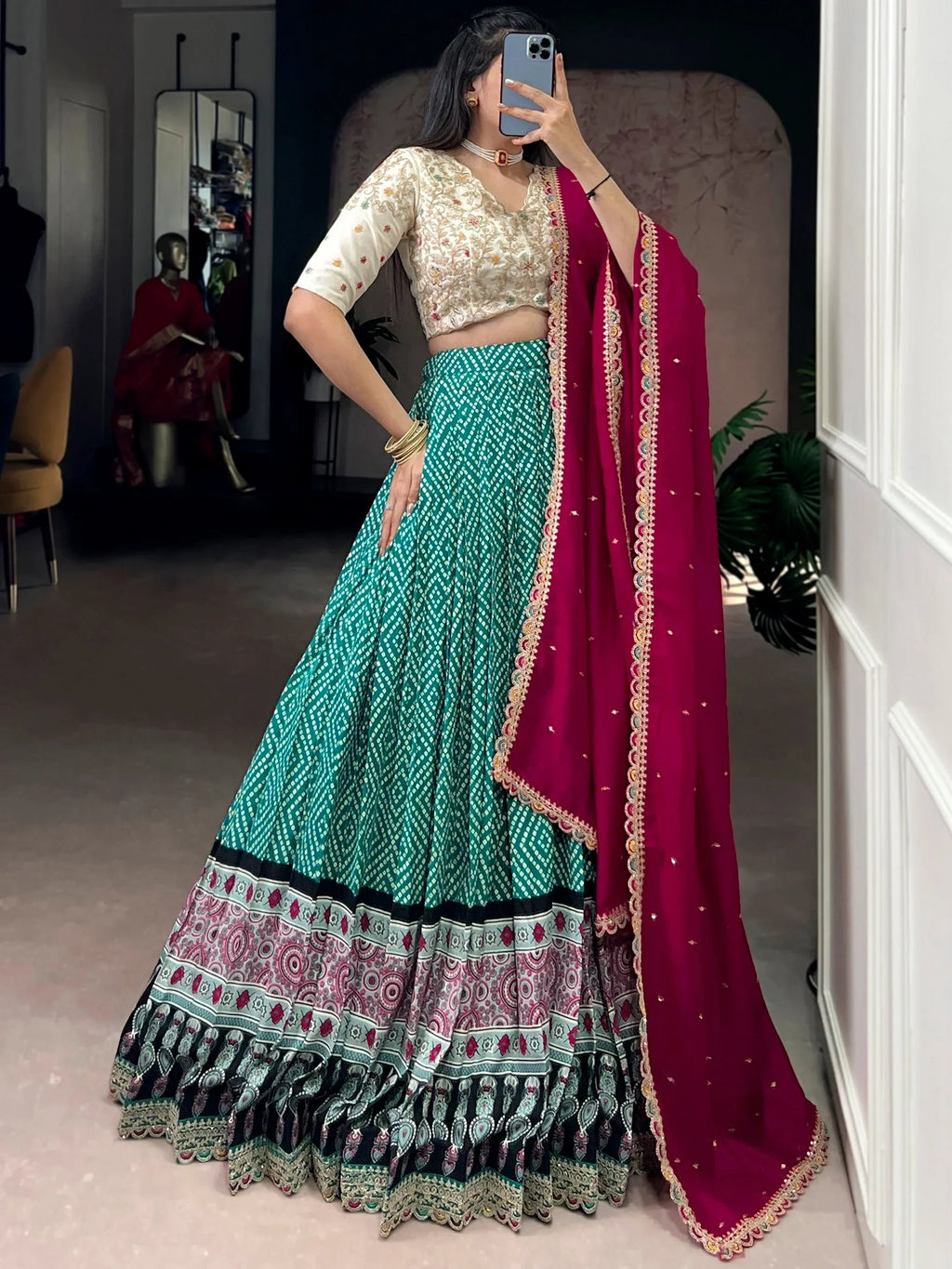 Green Gorgeous Bandhani Printed Rayon Haldi Wear Lehenga Choli