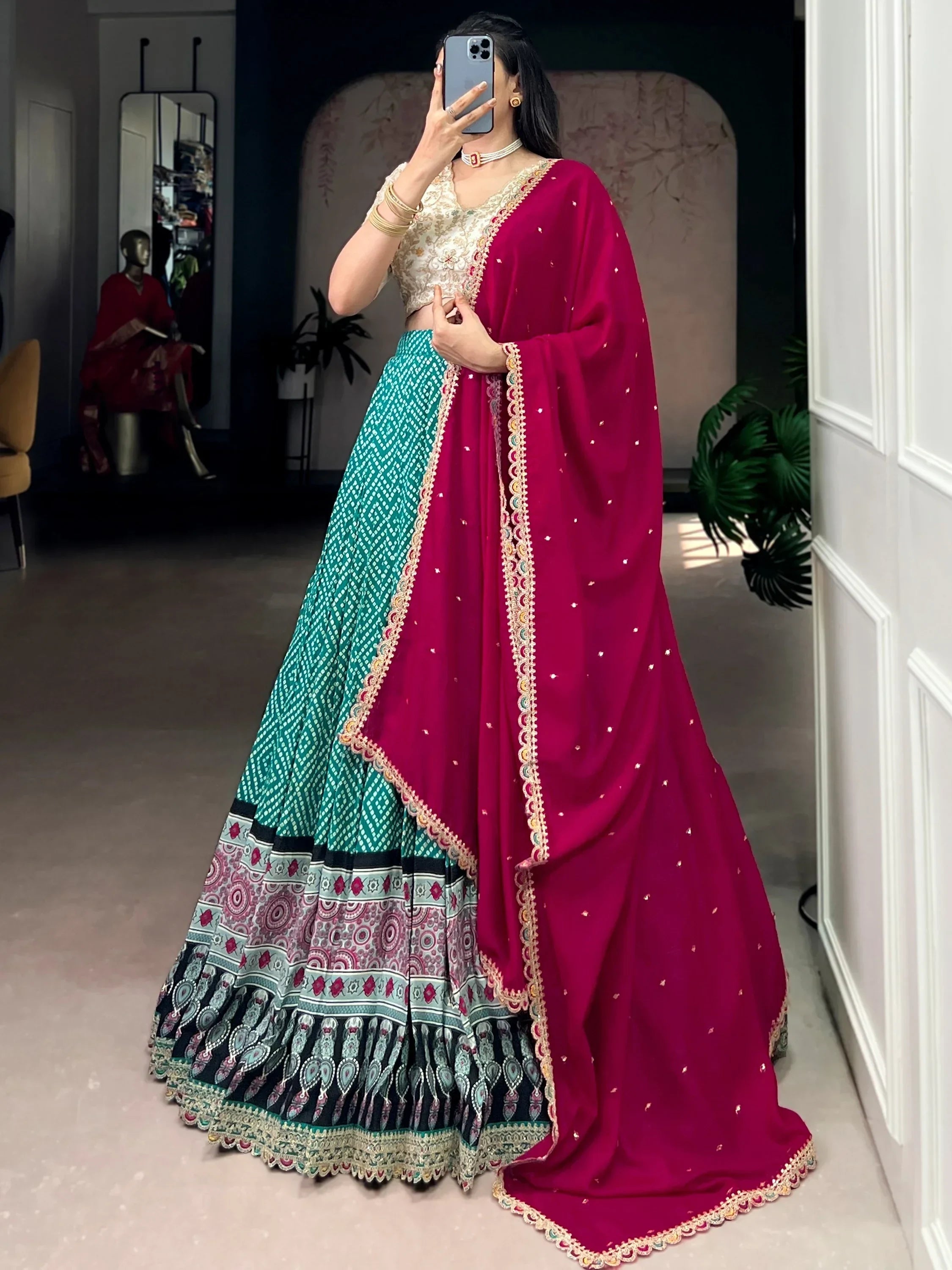 Green Gorgeous Bandhani Printed Rayon Haldi Wear Lehenga Choli