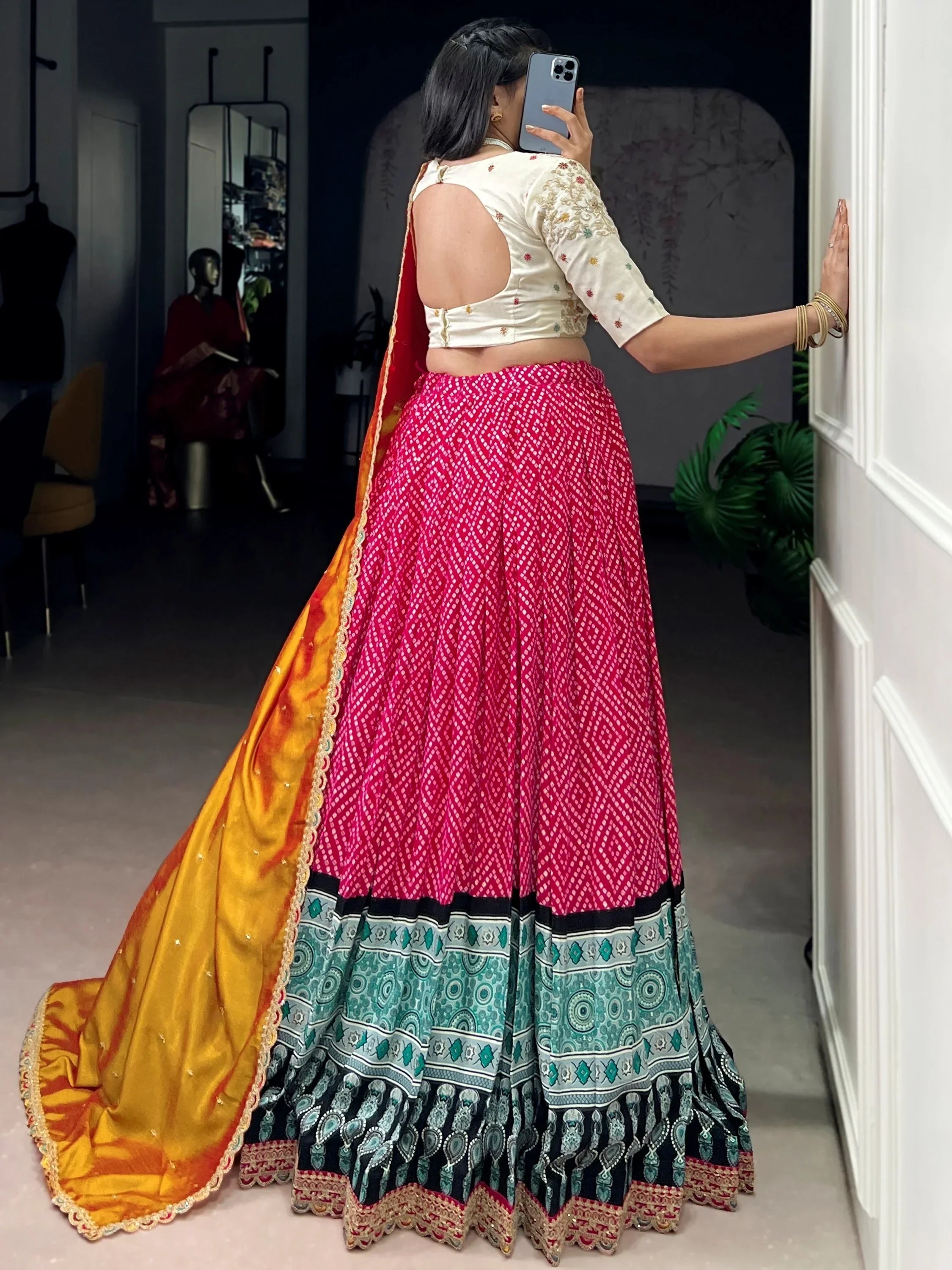 Pink Gorgeous Bandhani Printed Rayon Haldi Wear Lehenga Choli