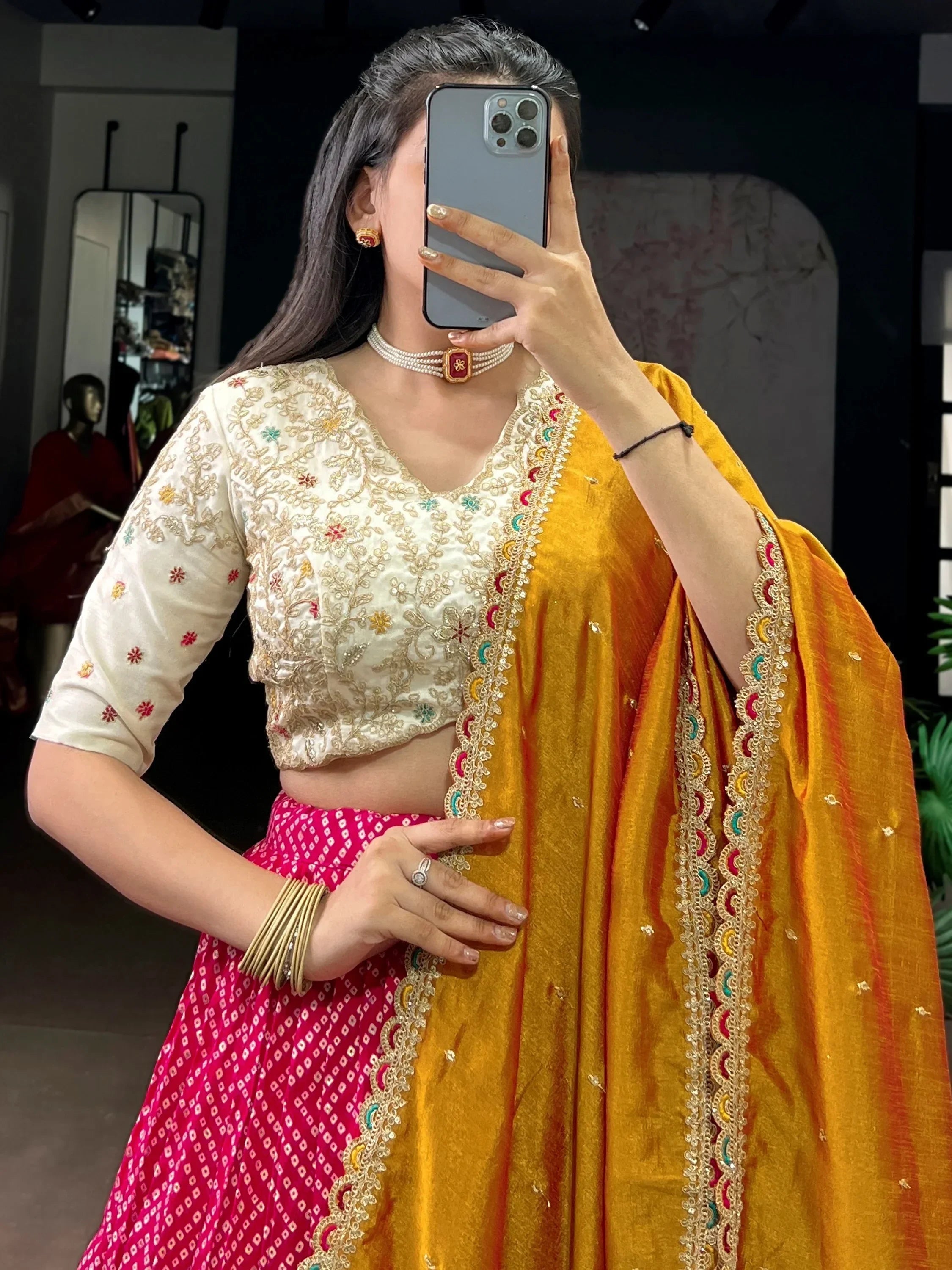 Pink Gorgeous Bandhani Printed Rayon Haldi Wear Lehenga Choli